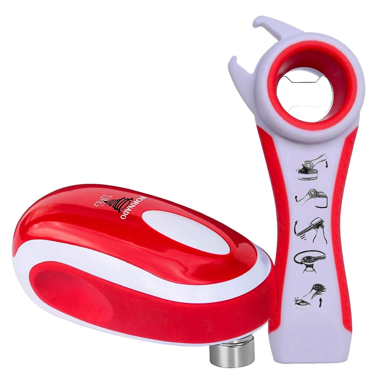 Tornado F4 Red Can Opener & Topper Set - New and Improved - Safest, Fastest, Easiest Hands-Free Can, Bottle, Jar Opener Set.