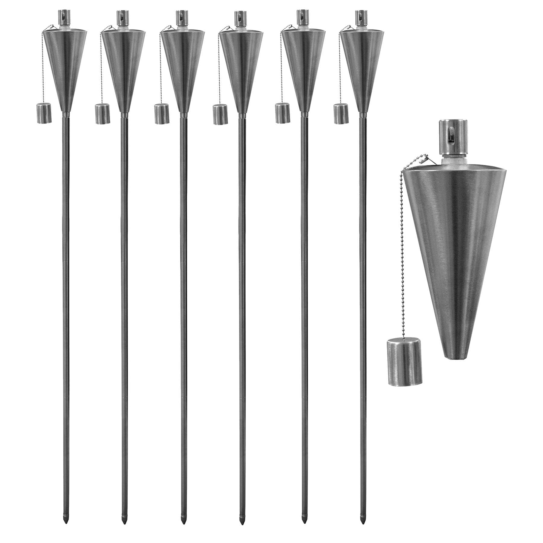 Harbour Housewares Metal Garden Torches - Cone - Pack of 6-146cm Silver Garden Torches Lighting Modern Outdoor Lighting Paraffin Oil Lamp Candle Flame Lantern for Parties, Outdoor Events, BBQs