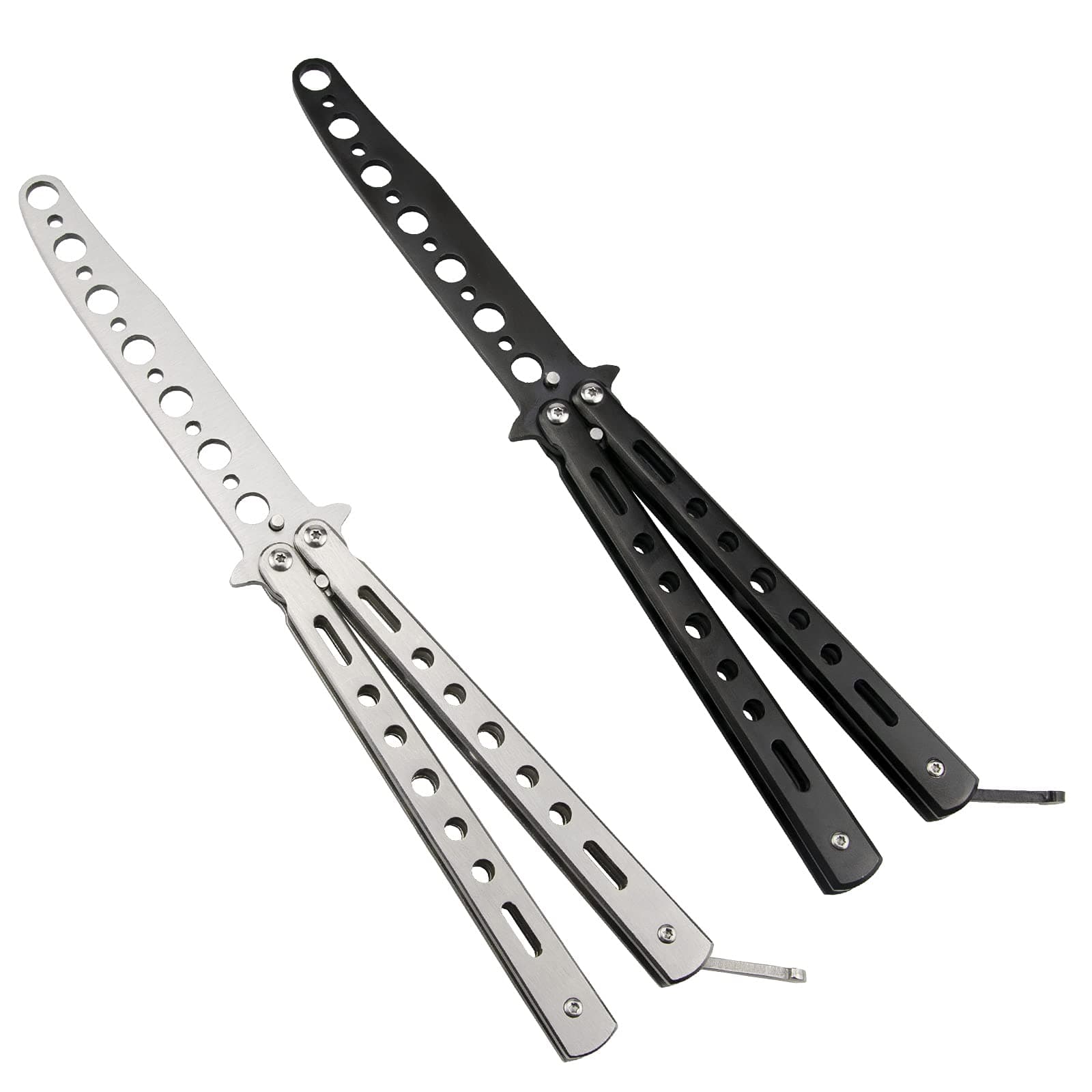 Little World Butterfly Knife - 2 Pack Butterfly Knife Trainer Practice Tool Steel Metal - Folding Unsharpened Comb for Practicing Flipping Tricks, Balisong Trainer Black & Silver