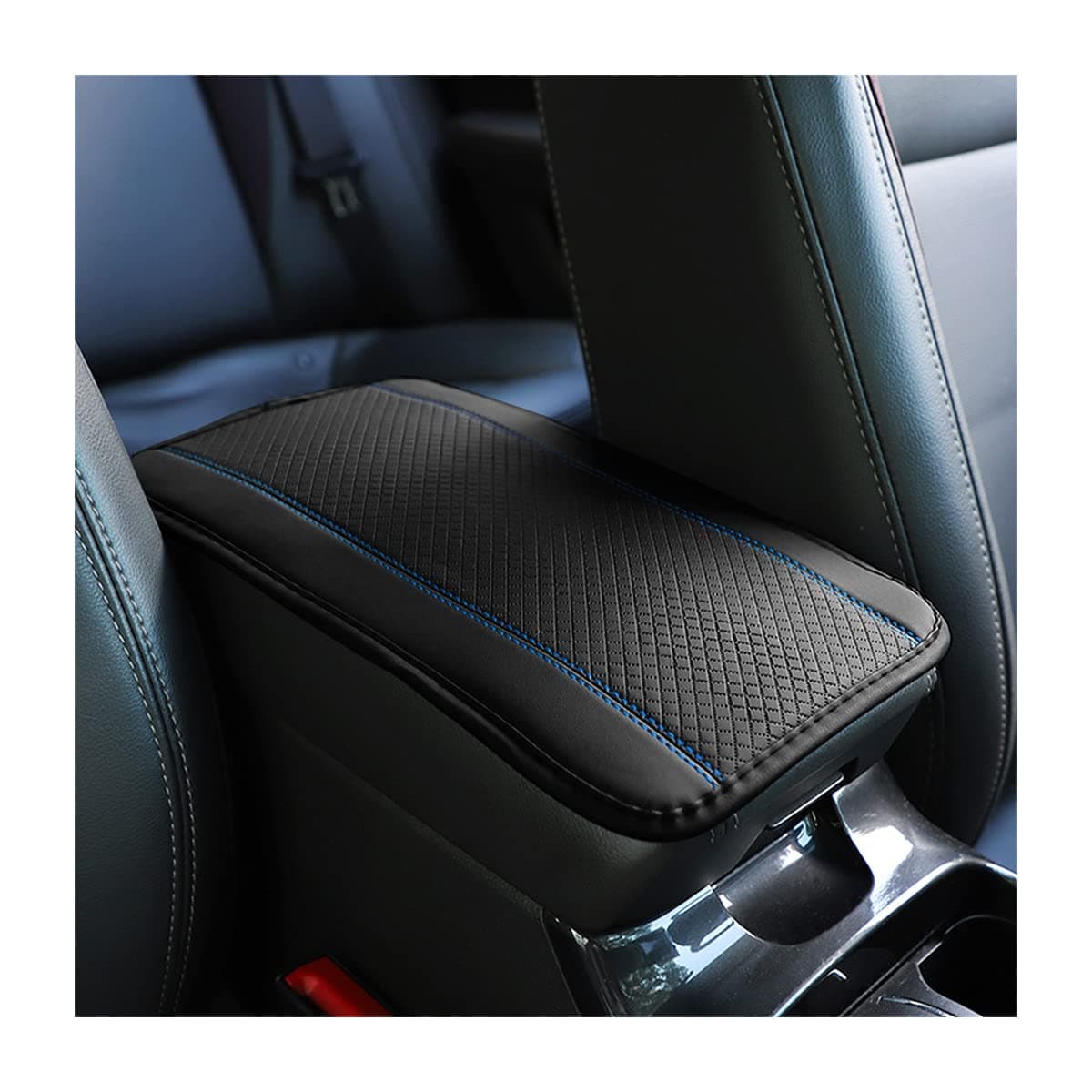 Car Armrest Storage Box Mat, Fiber Leather Car Center Console Cover, Car Armrest Seat Box Cover Accessories Interior Protection for Most Vehicle, SUV, Truck, Car (Black/Blue)
