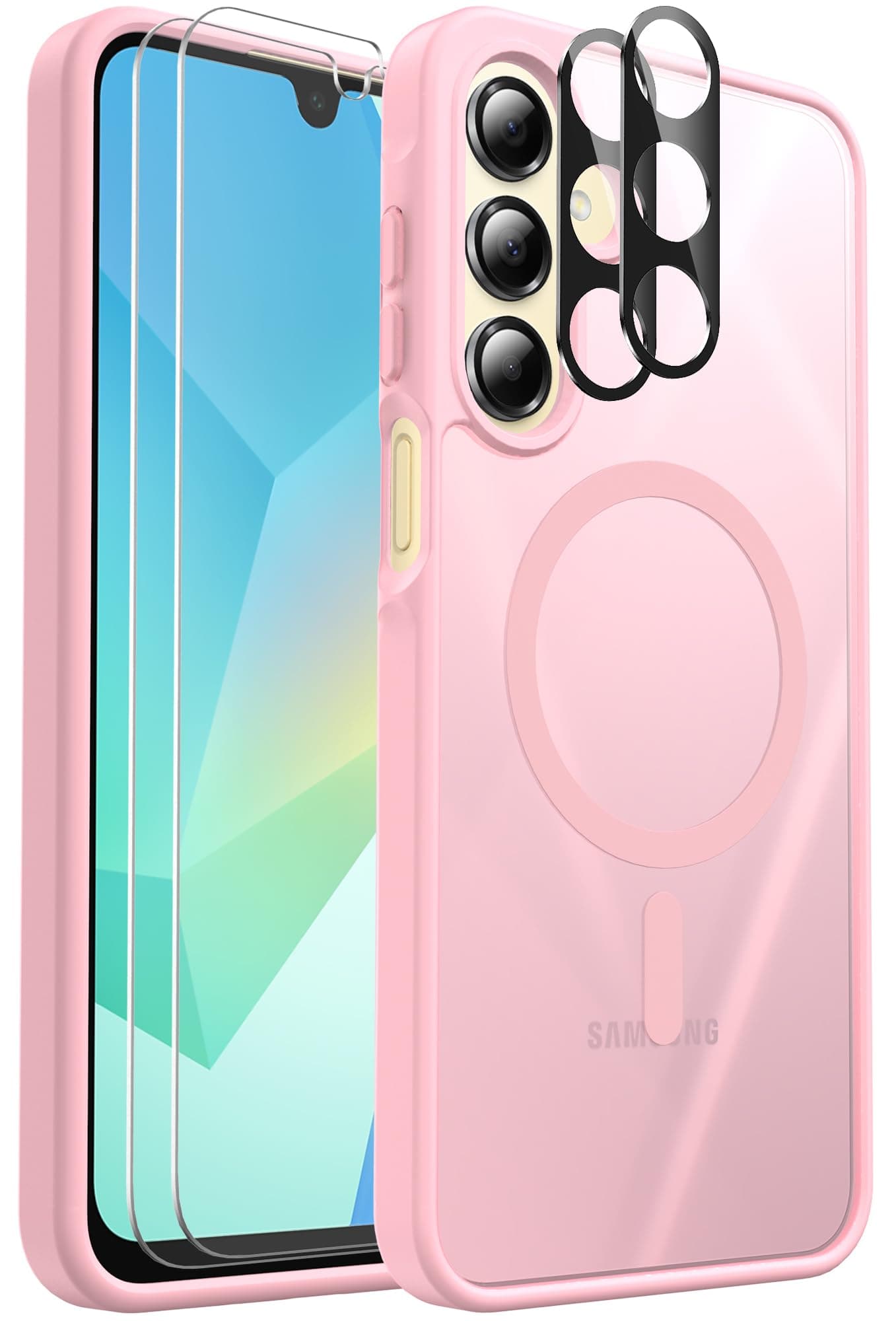 Ezanmull for Samsung Galaxy A16 5G Phone Case Magnetic Shockproof, [Fit for MagSafe] [Glass Screen Protector + Camera Lens Protector] Translucent Anti-Fingerprint (Pink)