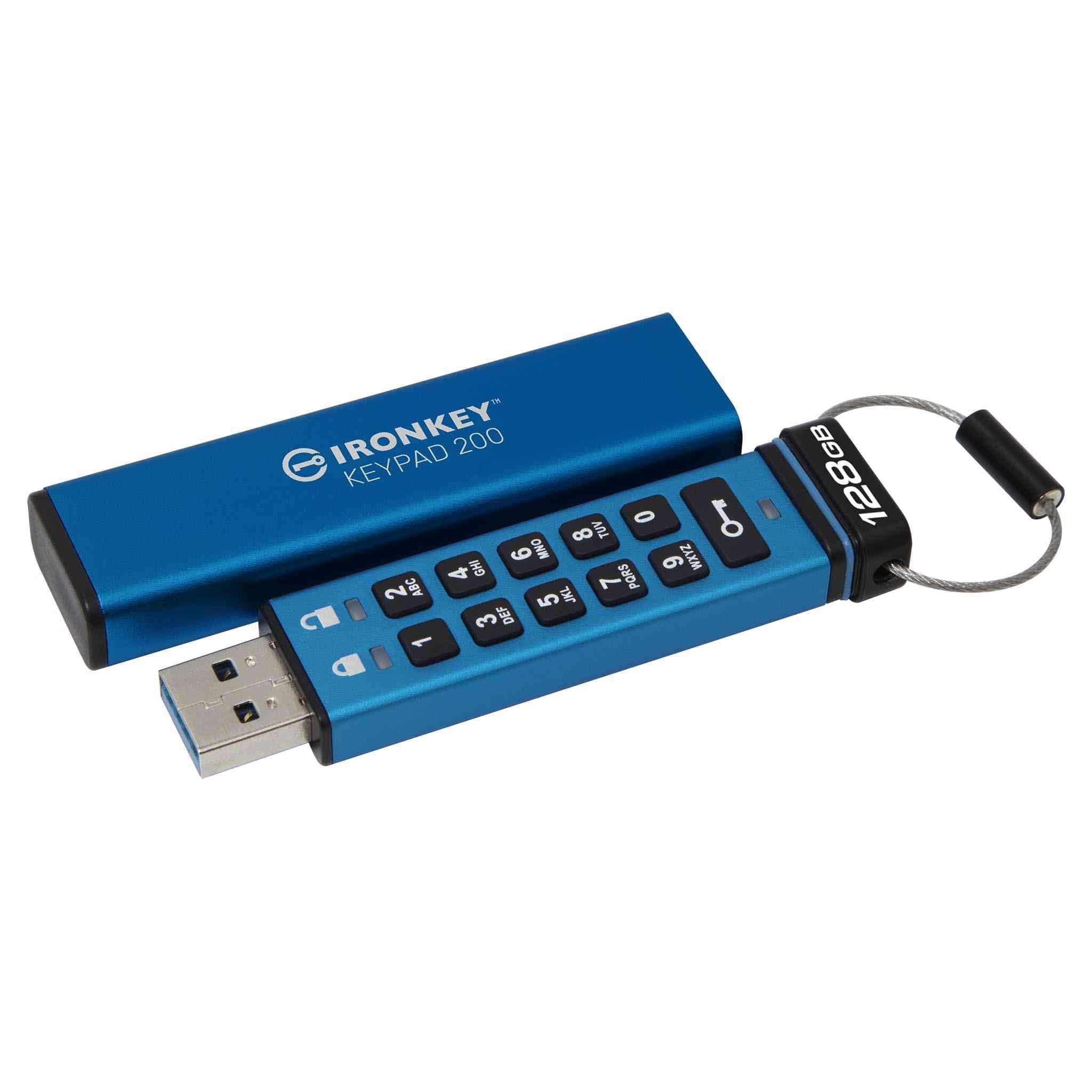 Kingston Ironkey Keypad 200 128GB Encrypted USB | Alphanumeric Keypad | Multi-Pin Access | XTS-AES 256-bit | FIPS 140-3 Level 3 Certified | Brute Force & BadUSB Protection | IKKP200/128GB,Blue