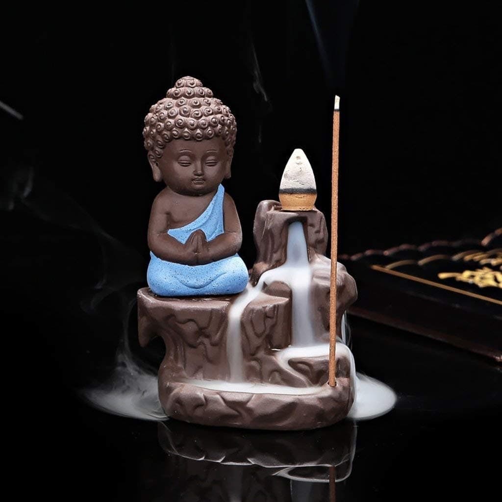 eCraftIndia Meditating Monk Buddha Smoke Backflow Cone Decorative Incense Holder (7 cm x 7 cm x 12, Blue)