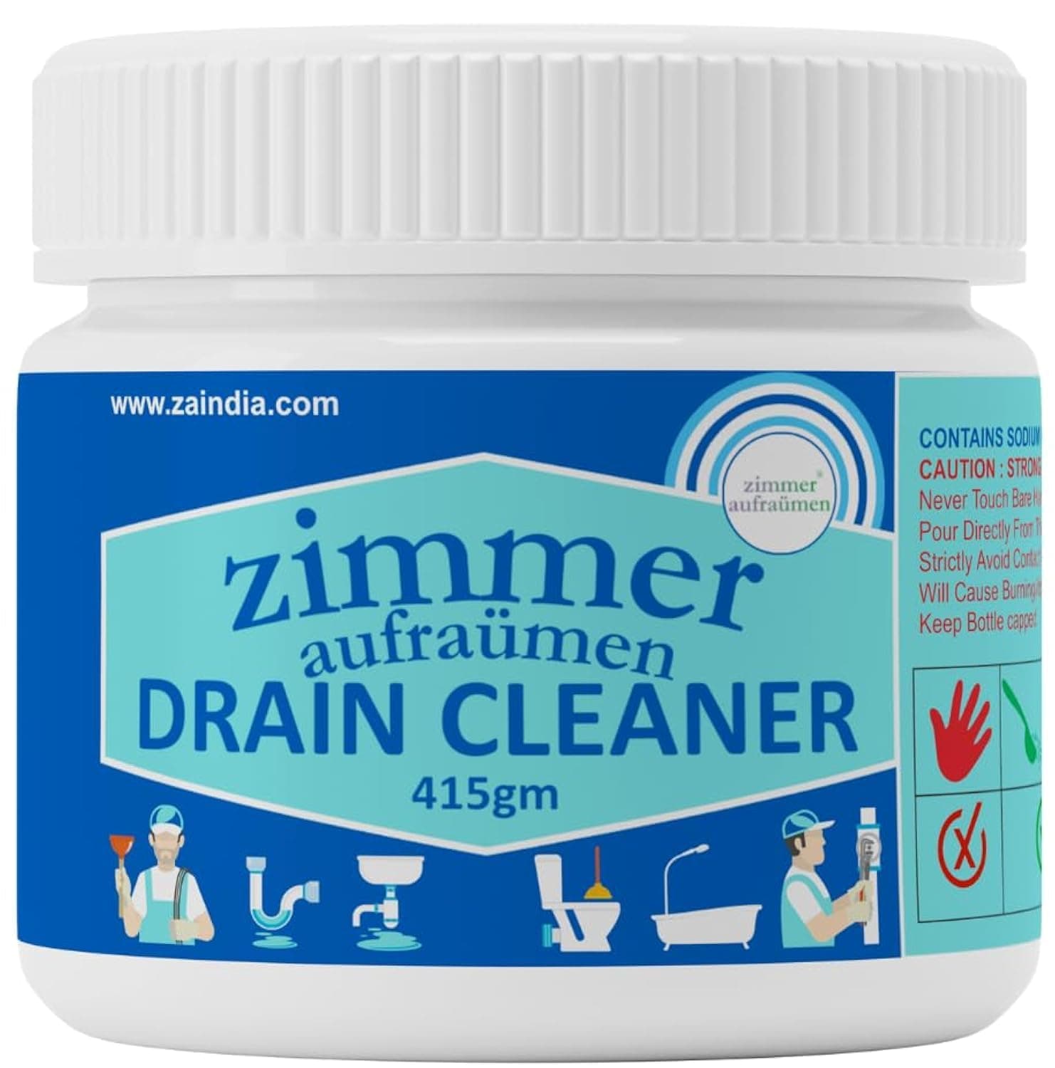 Zimmer Aufraumen 415gms Heavy Duty Drain Cleaner & Blockage Opener Powder. Opens Clogs. Dissolves Hair, Accumulated Soap Scum & Dirt. Biodegradable. Economical.