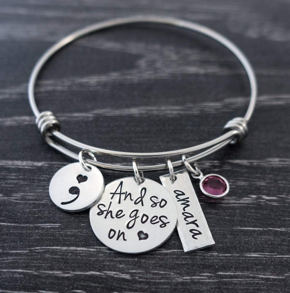 Semicolon Jewelry Personalized Charm Bangle Bracelet and So She Goes on Suicide Awareness