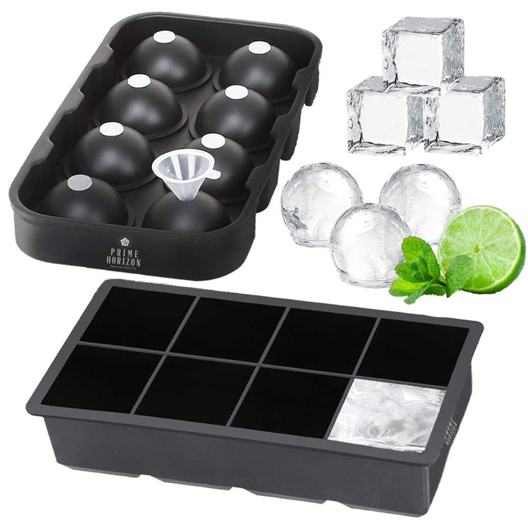 Prime Horizon Ice Cube Tray - Silicone Ice Tray 2 Pack, Large Ice Cube and Ice Ball Maker, BPA Free Moulds for Whiskey, Cocktails and Baking
