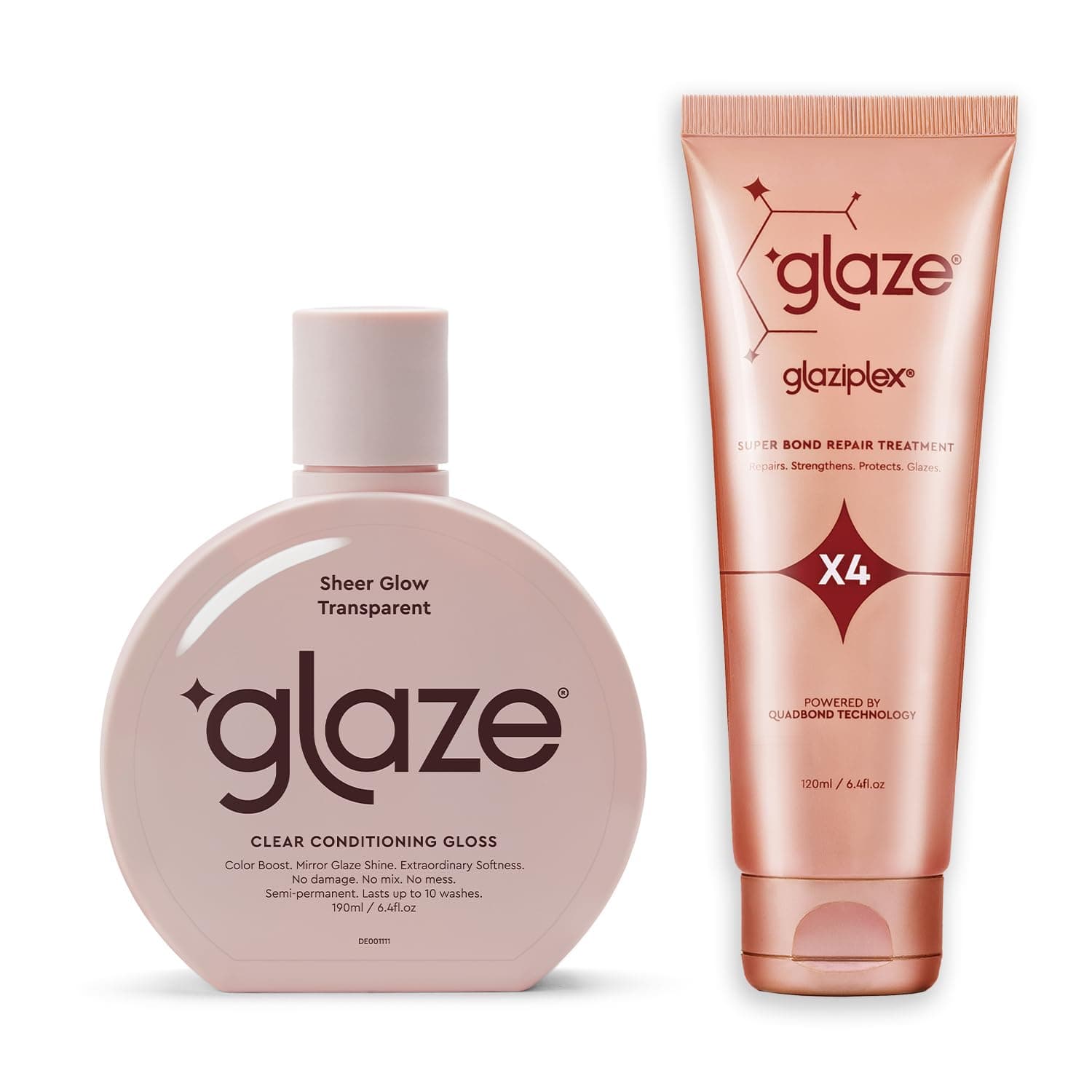 Glaze Sheer Glow Transparent Clear Conditioning Super Gloss 6.4 fl.oz & GlaziPlex Super Bond Repair Hair Treatment, 120ml. 4-in-1 Deep Conditioning Hair Mask
