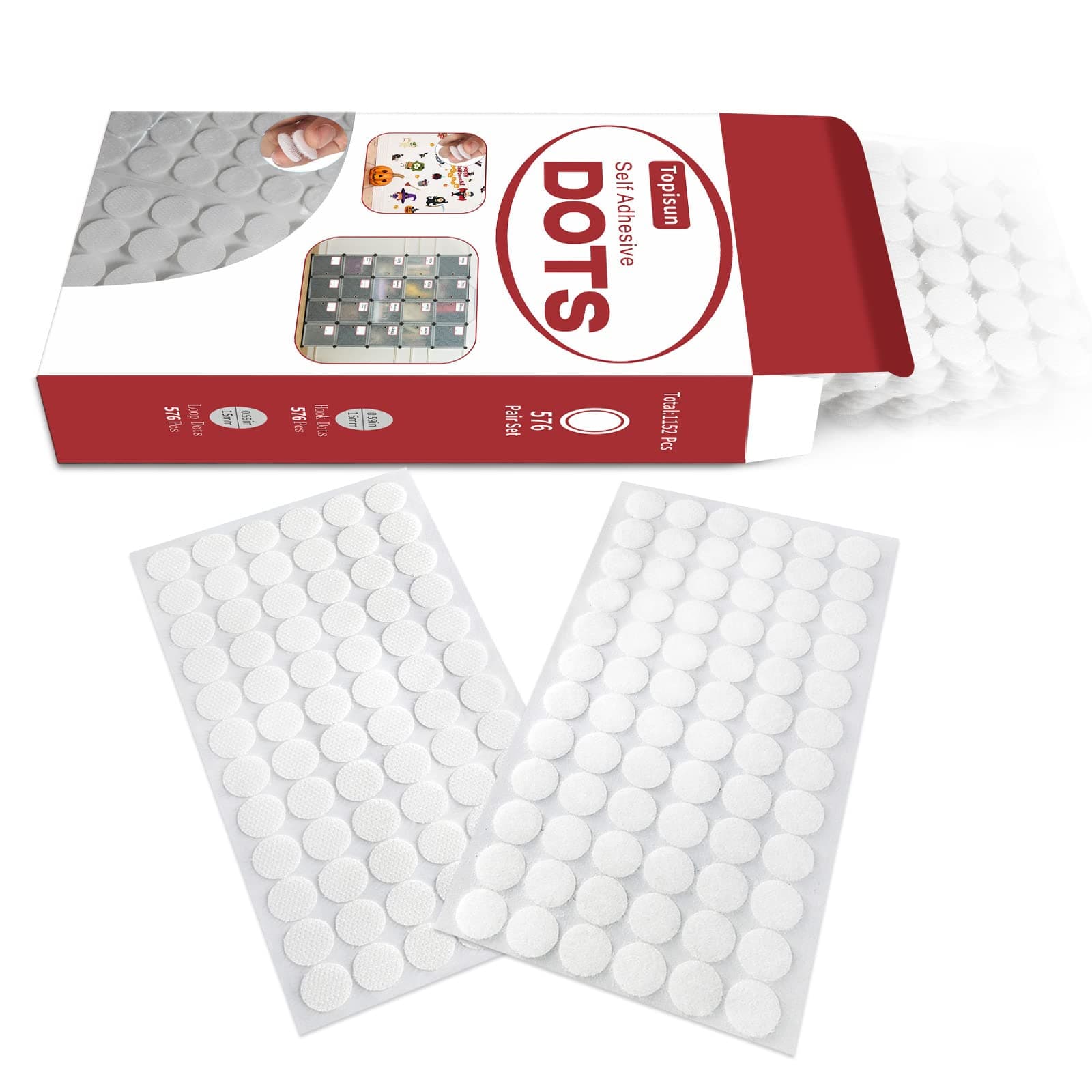Self Adhesive Dots 1152 Pieces(576 Pair) 0.59" Diameter Strong Hook & Loop Sticky Back Coins Reusable Heavy Duty for School Classroom Home Topisun Brand