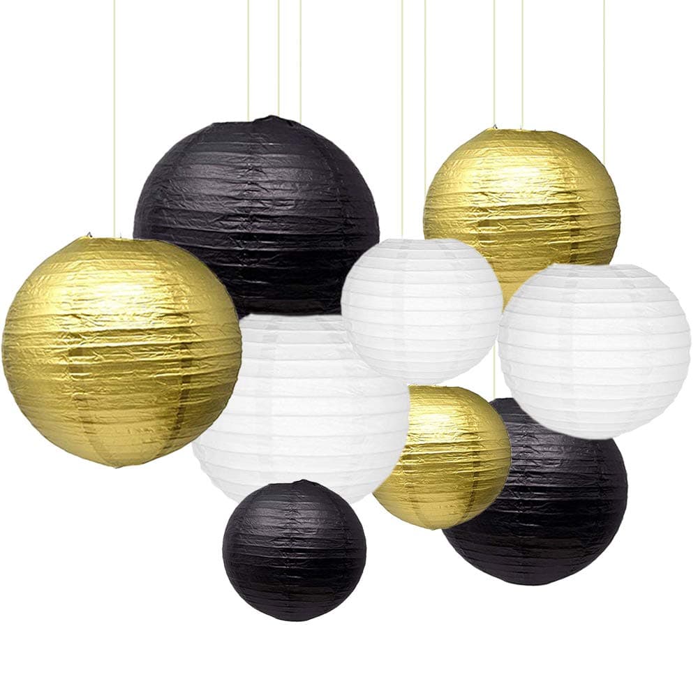 Sonnis 9Pcs Paper Lanterns 12" 10" 8" Round Lanterns for Birthday Wedding Baby Showers Party Decorations(Black, White, Gold)
