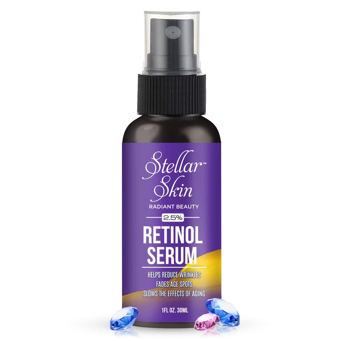 Retinol Serum with Hyaluronic Acid - 2.5%, Contains Aloe Vera from Stellar Skin. Natural Formula. Best Anti Aging Face Serum To Reduce Appearance of Wrinkles, Crows Feet & Fine Lines, Remove Spots