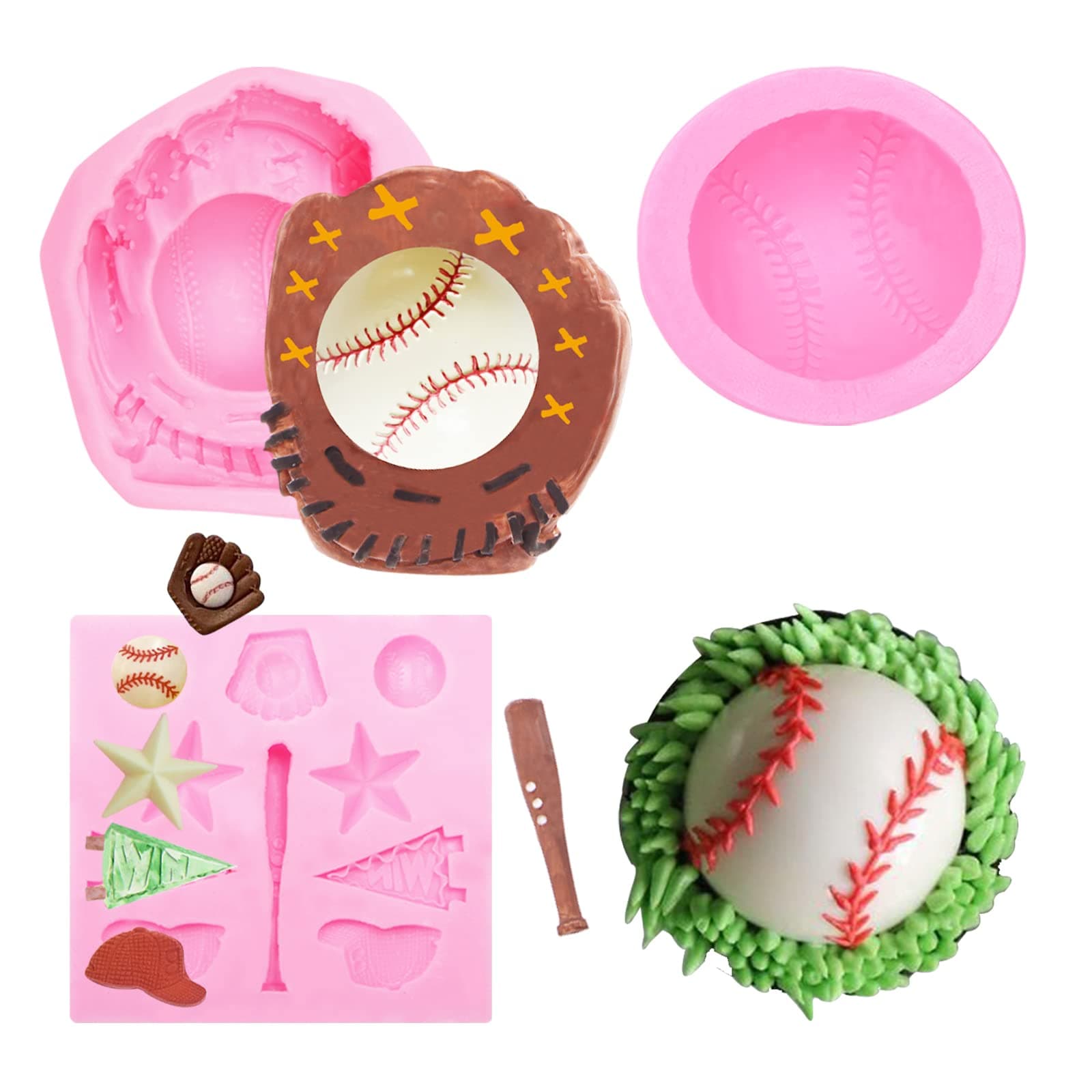 Baseball Chocolate Silicone Molds 3 Pcs, Softball Glove Fondant Mold for Cake Decoration, Candy Sugar, Cupcake Topper,Cake Pop,Popsicle, Sports Themed Birthday Party, Polymer Clay Crafts