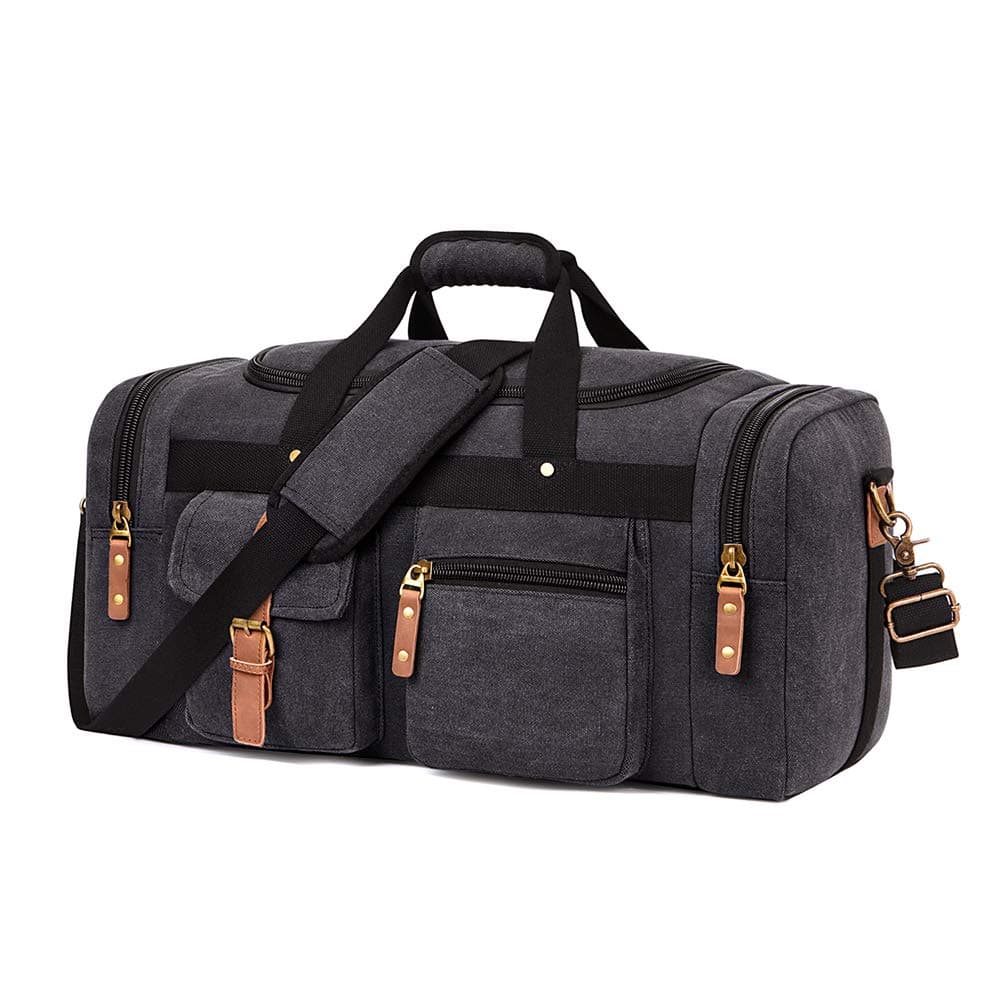 Plambag Large Canvas Duffel Bag Overnight Travel Tote Weekend Bag Dark Gray