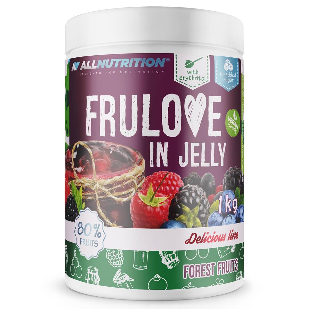ALLNUTRITION Frulove In Jelly - 79% Fruit Mousse - No Added Sugar Sweetened with Erythritol - No Fat Low Calorie Spread for Bread Fit Baking Pancakes Waffles 1000g FOREST FRUIT