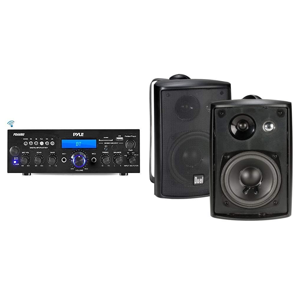 Pyle Bluetooth Stereo Amplifier Receiver & Dual Electronics LU43PB 4 inch 3-Way High Performance Indoor, Outdoor & Bookshelf Studio Monitor Speakers with Swivel Brackets & 100 Watts Peak Power