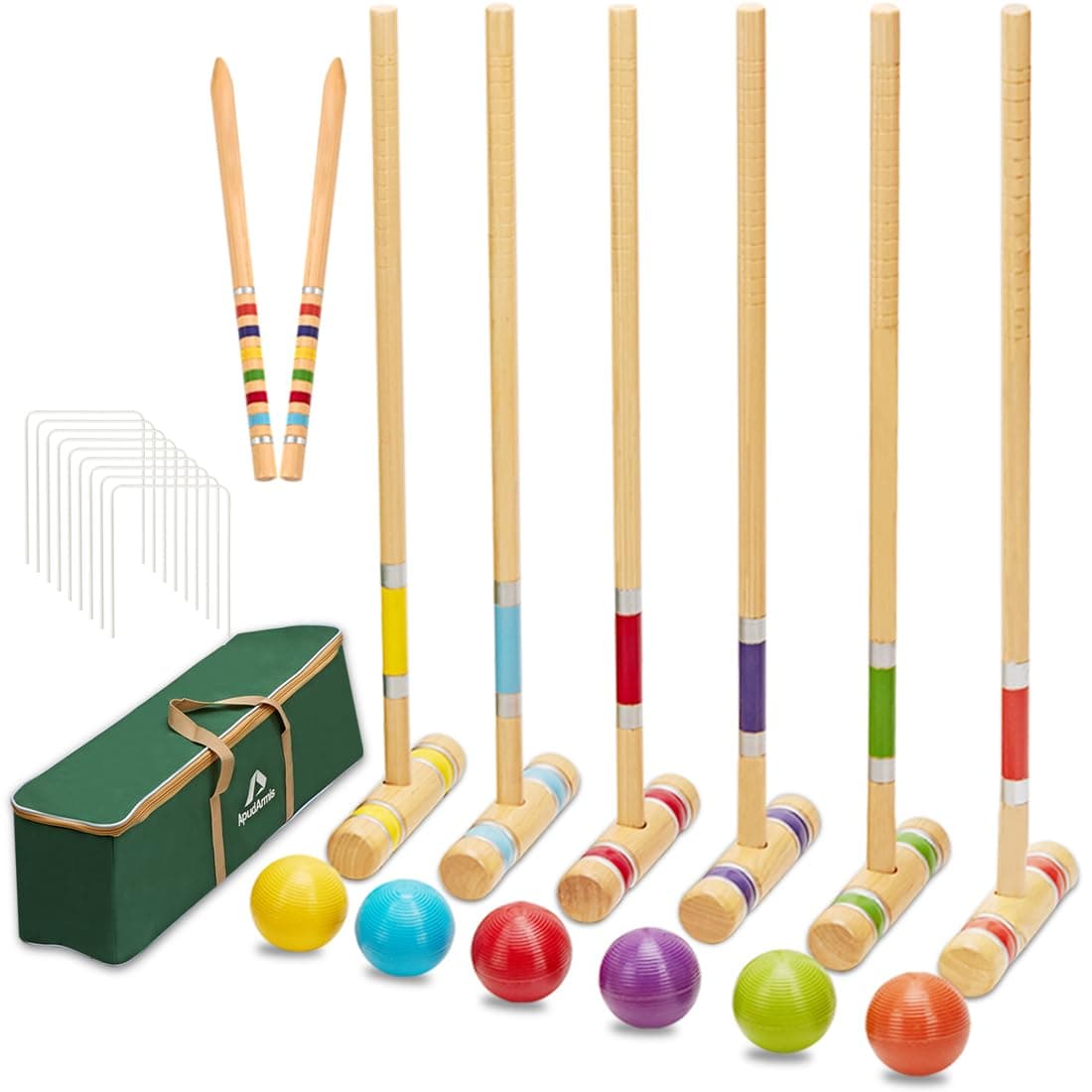 ApudArmis Six Player Croquet Set with Deluxe Premiun Pine Wooden Mallets,Colo...