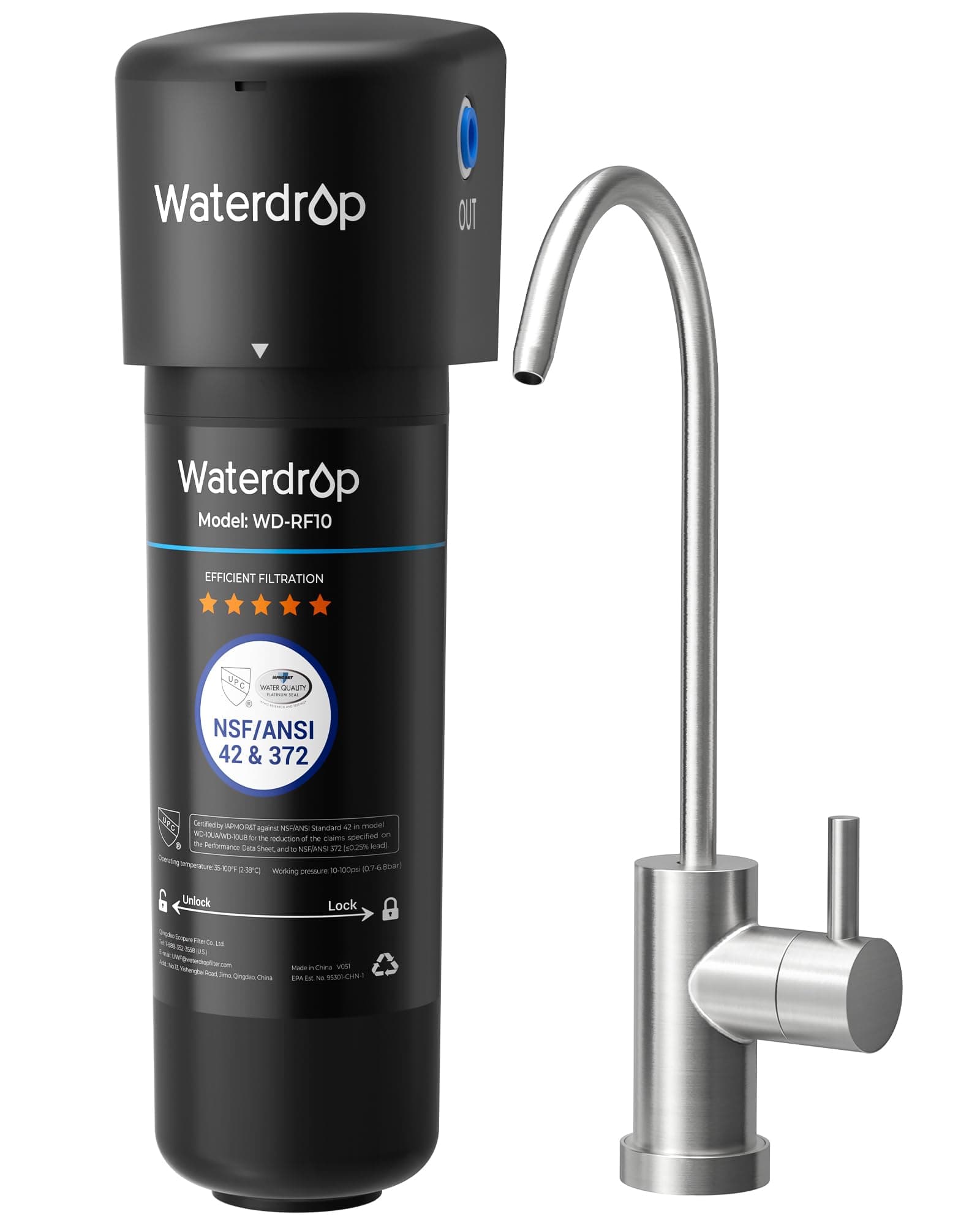 10UB Under Sink Water Filter with Dedicated Faucet, NSF/ANSI 42 Certified, 30,000 Liters High Capacity Water Filter System, Reduce PFAS, PFOA/PFOS, Reduce Lead, Chlorine, Bad Taste