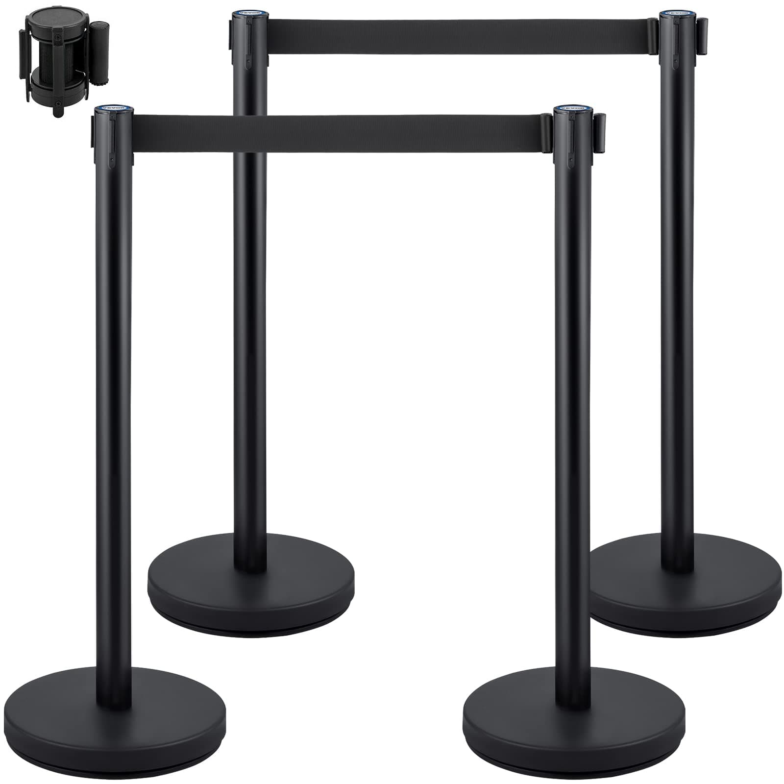 VEVOR Crowd Control Stanchion Set, Stanchion Set with 6.6 ft/2 m Black Retractable Belt, Black Crowd Control Barrier w/Concrete and Metal Base - Easy Connect Assembly (4)