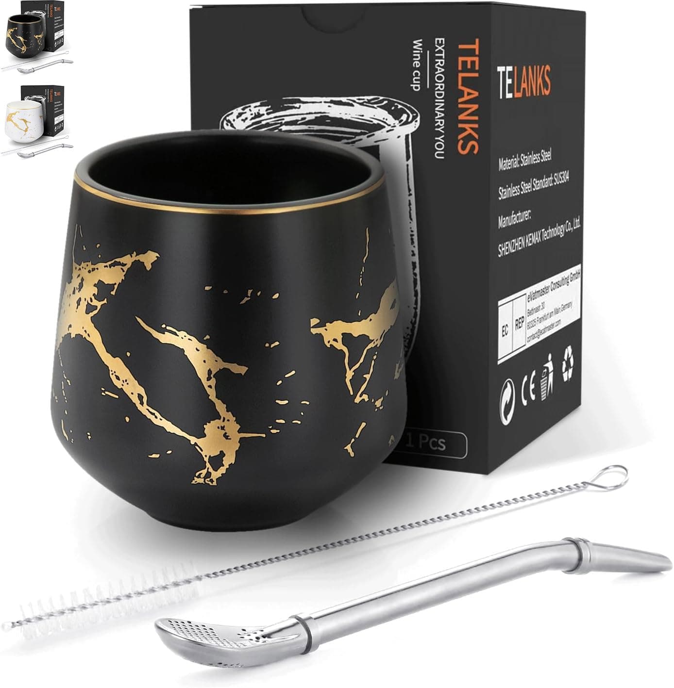 Modern Marble Ceramic Mate Mug - 200 ml, Tea Cup with Mate Bombilla and Cleaning Brush