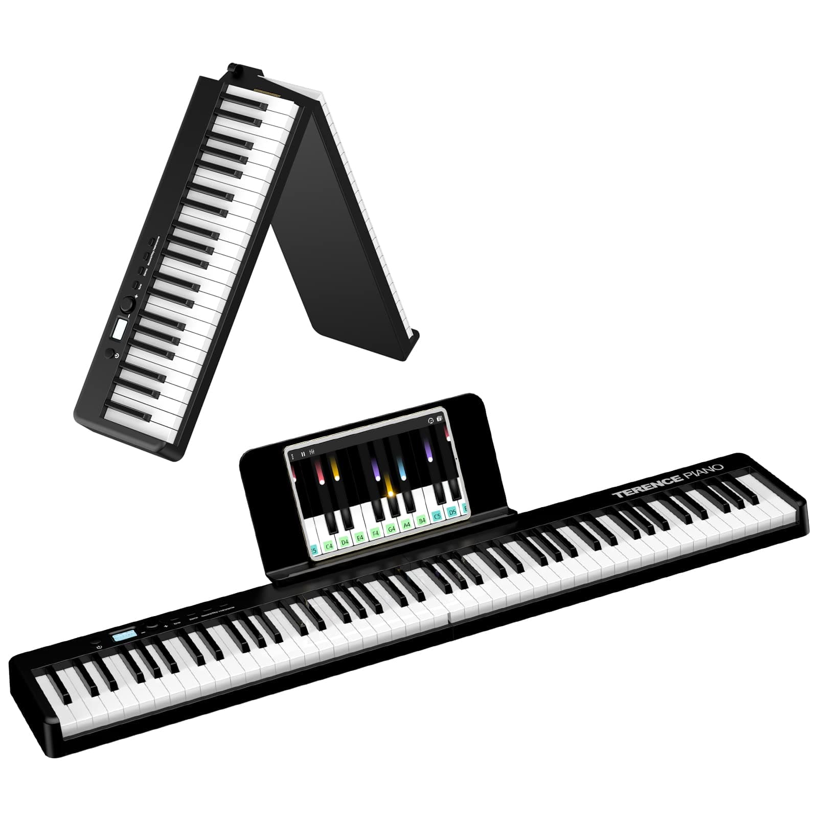 TERENCE Piano Keyboard with 88 Keys Foldable Digital Piano 1800mAh Battery Support Semi-weighted Keys MIDI USB Interface Bluetooth Sheet Music Stand Sticker Bag Audio Cable Earphones Sustain Pedal