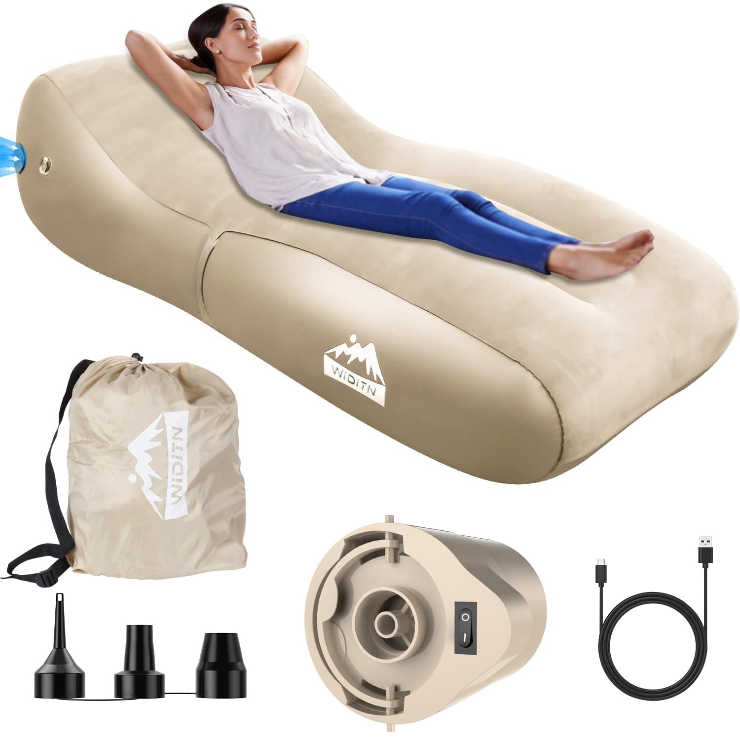 Luxury Inflatable Lounger Ultra-Wide 35.4 ”, Self Inflatable Couch with Built-in Pump, Comfortable Top Surface Camping Mattress, Portable Blow Up Sofa Air Chair for Home Outdoor Camping