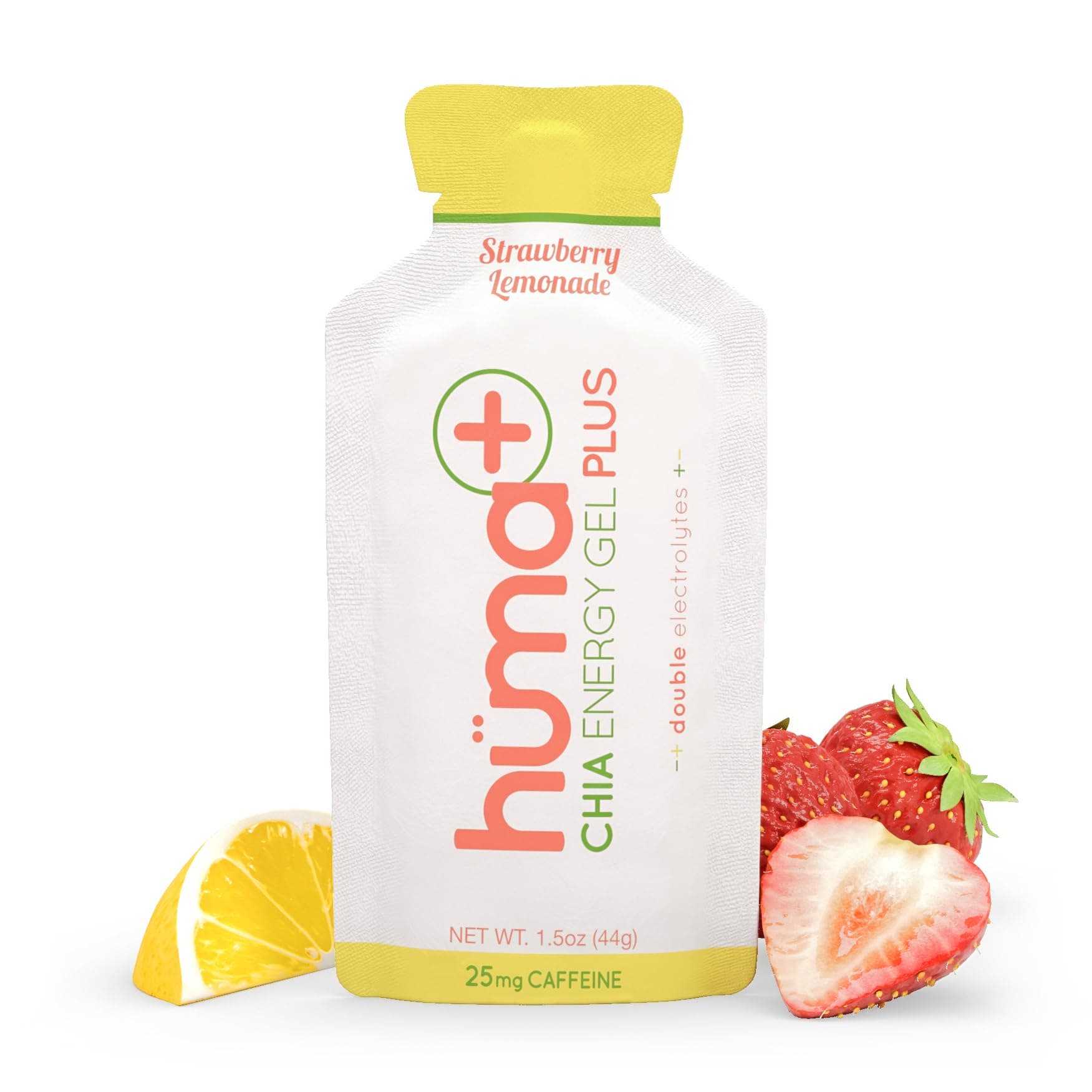 Huma Chia Energy Gel Plus - Strawberry Lemonade - 24 count x 44g - 21gr Carbs, 245mg Sodium, 1x Caffeine (25mg), 2x Electrolytes, 100% All Natural, Vegan, Gluten Free, No Stomach Problems,
