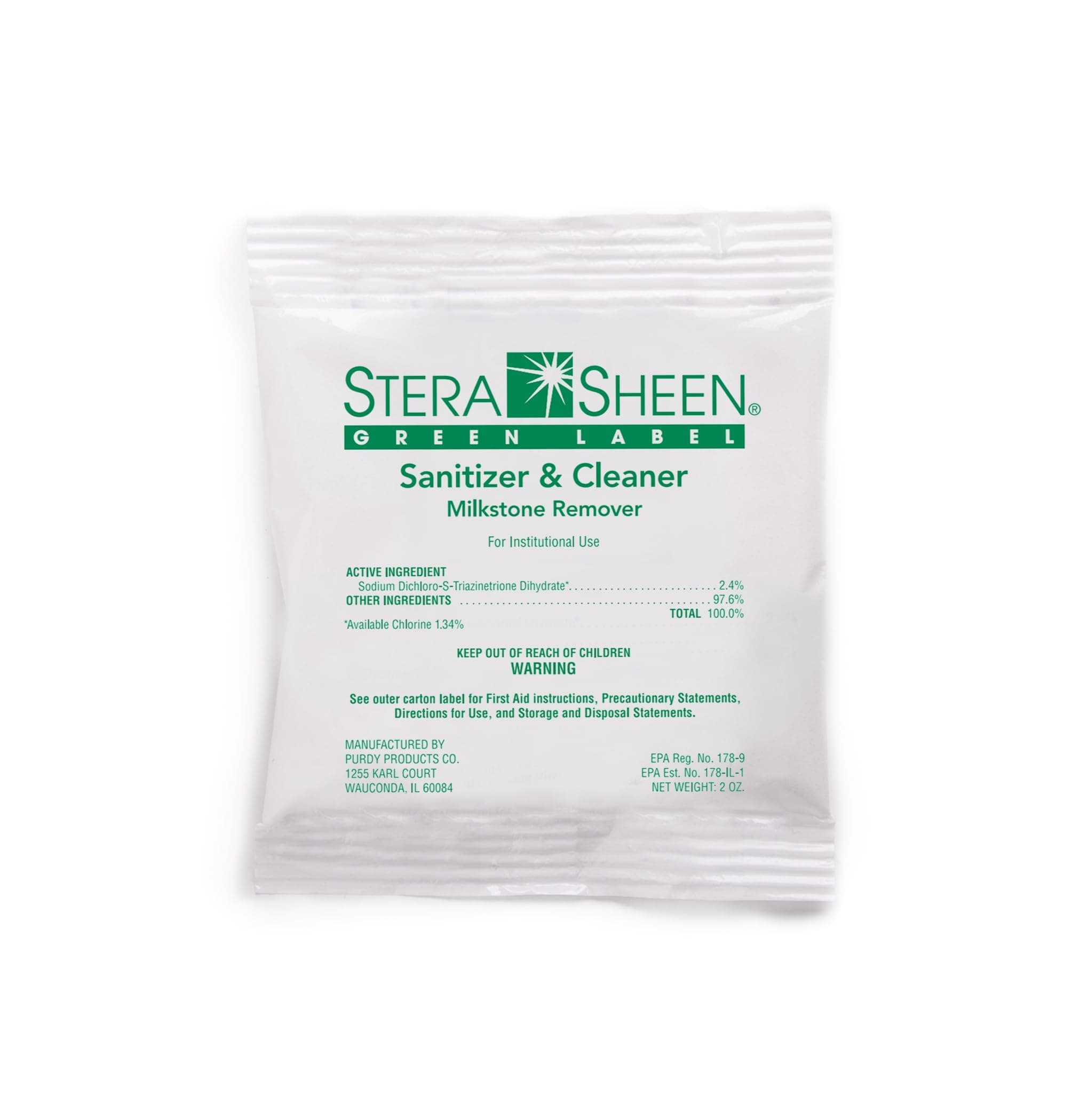 Stera Sheen Green Label 100 Count 2oz Packets | Sanitizer + Cleaner + Milkstone Remover | Cleaner and Sanitizer for Soft Serve + Shake Machines + Ice Maker & Ice Machines | By Purdy Products