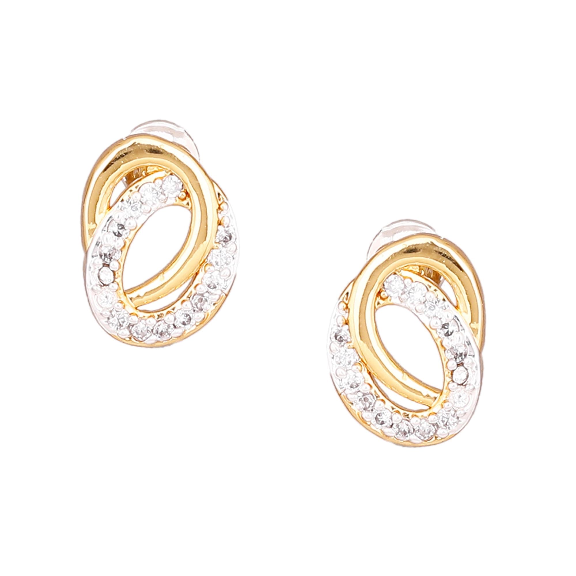 Non-Precious Metal 24Kt Gold And Silver Tone Plated Ad Stone Stud Earrings For Women