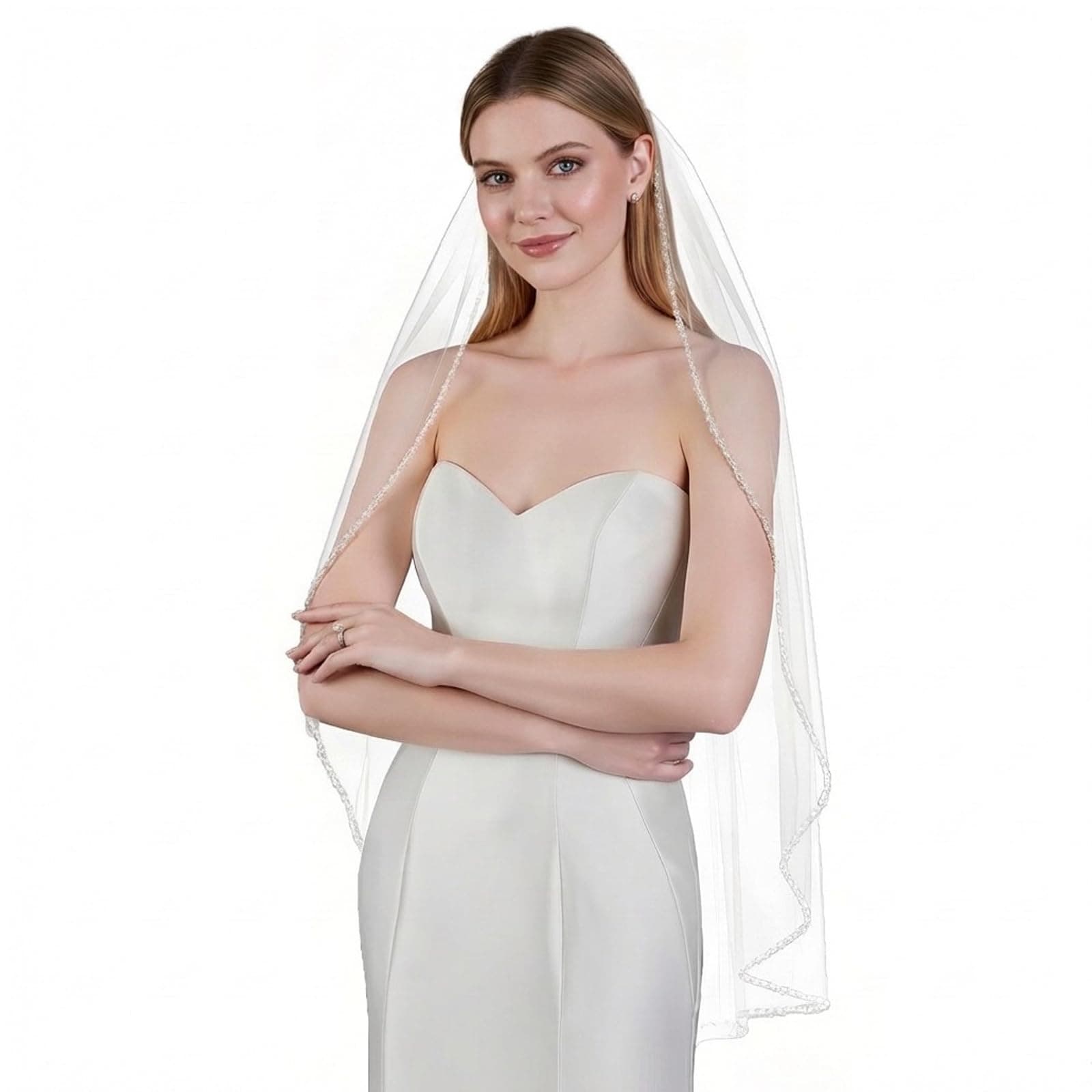 Wedding Veil Pearls and Crystals Beaded Edge 1 Tier Fingertip Length Bridal Veil