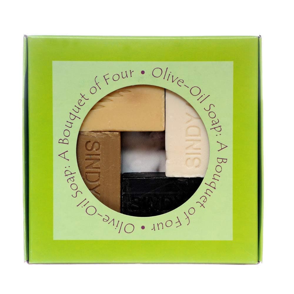 Sindyanna's 4 Olive Oil Soap Bars Gift Set. Original Handmade Gift of 4 Bars of all natural soaps. Enjoy 4 Middle Eastern flavors – Olive Oil, Pomegranate, Dead Sea Mud, Sage and Milk.