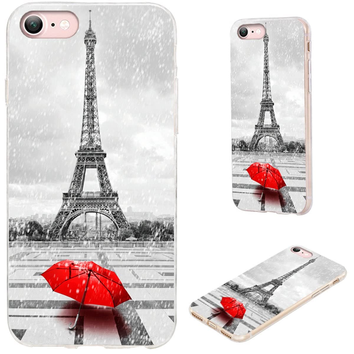 for iPhone SE 2022 2020 Case for Girl Women,for iPhone 8 7 6S 6 Case,Slim Soft TPU Clear Full Protective Cover for iPhone SE 3rd 2nd 8/7 6S/6,France Paris Eiffel Tower Rain Red Umbrella