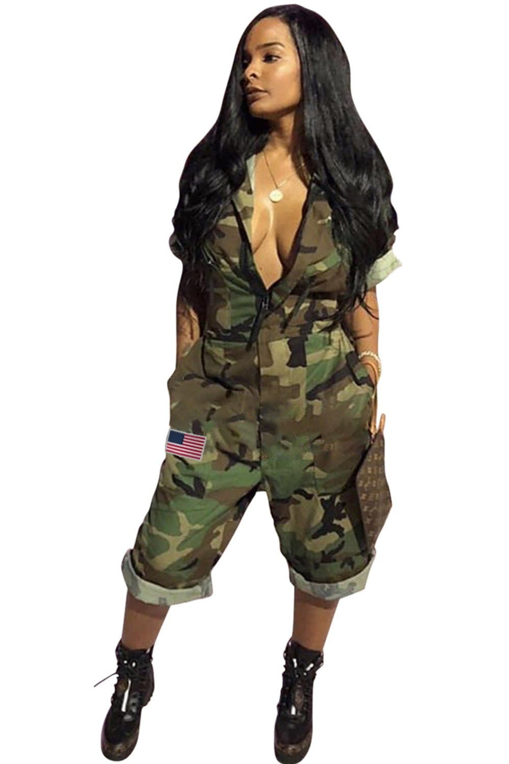ReachMeWomens Short Sleeve Independence Day Camo Jumpsuit Shorts with Pockets