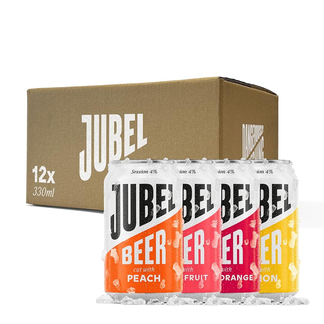JUBEL Mixed Case (3 Peach, 3 Blood Orange, 3 Grapefruit, 3 Lemon) - Award Winning Gluten Free Beer - Vegan, Low Calorie & Low Sugar | Dangerously Refreshing Fruit Lager | 4% ABV