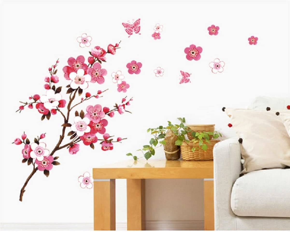 Nature Series Branch Pink Flowers & Butterfly Removable Vinyl Mural Wall Art Decor Home Stickers Decals Bedroom/Hallway/Sitting/Living Room/Kids Nursery (29.5’’H X 65’’W, Brown & Pink,X-L)