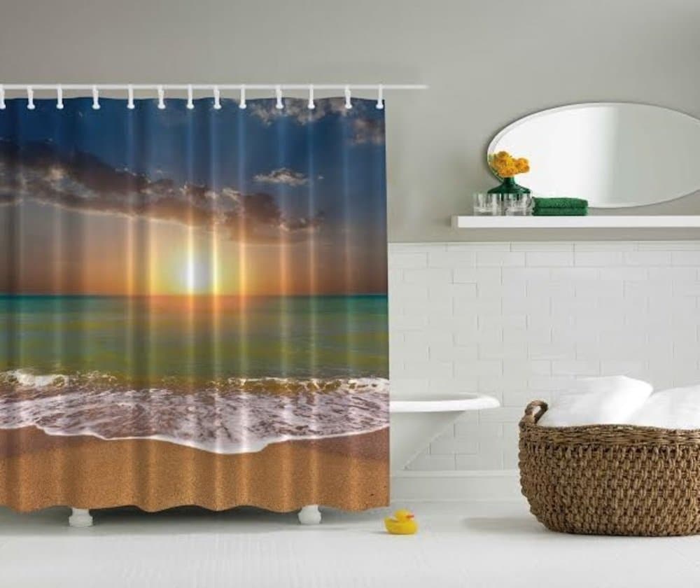 Sunset Beach Ocean Design Digital Graphic Print Shower Curtain Set Non Vinyl Bath Tub Liner Waterproof Fabric Mildew Resistant Material Hooks Included Nautical Sea Boat Lagoon Theme