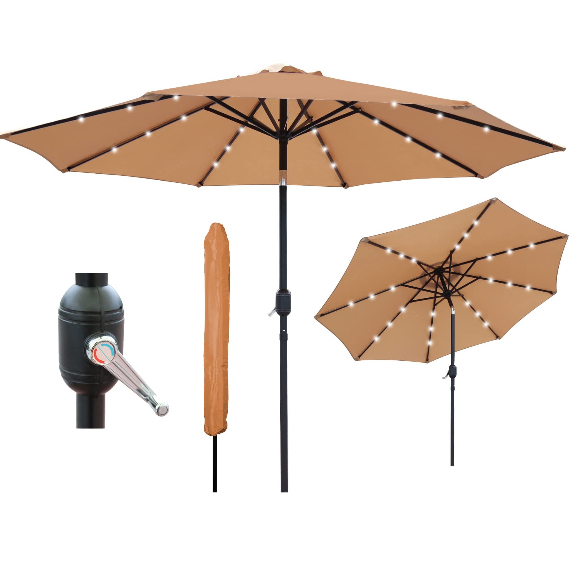 GlamHaus Garden Parasol Solar LED 2.7M,Tilting Table Umbrella with Crank Handle, Protection UV40, Includes Parasol Cover, Gardens and Patios - Sand, Grey, Cream, Green, Khaki