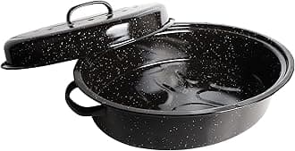 MorTime Granite Roasting Pan, 14.5" Enameled Oval Roaster Pot with Lid for Small Turkey, Chicken, Ham, Broiler Pan for Oven, Dishwasher