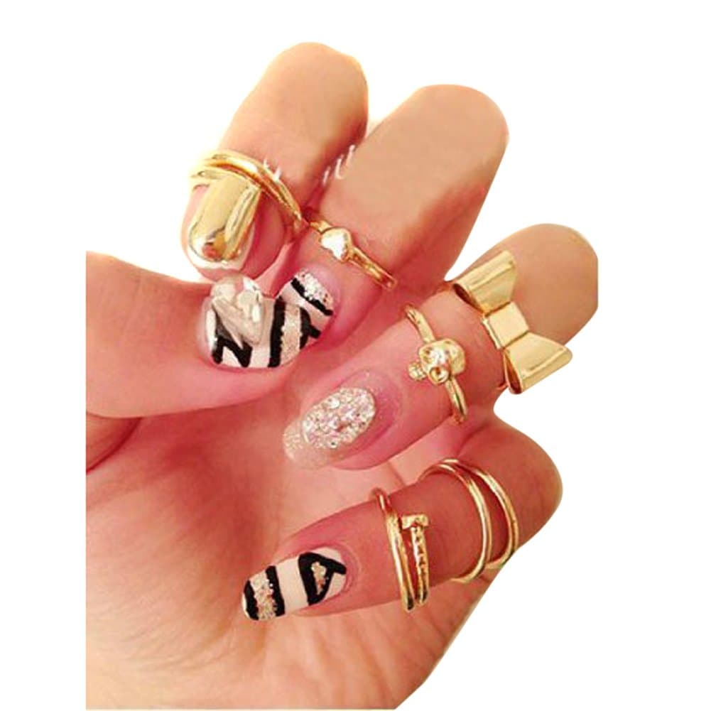 Sealike 7 Pcs Fashion Europen Punk Style Heart Cute Bowknot Skull Plain Above Knuckle Rings Band Mid Finger Rings Midi Rings Joint Rings Set with a Stylus