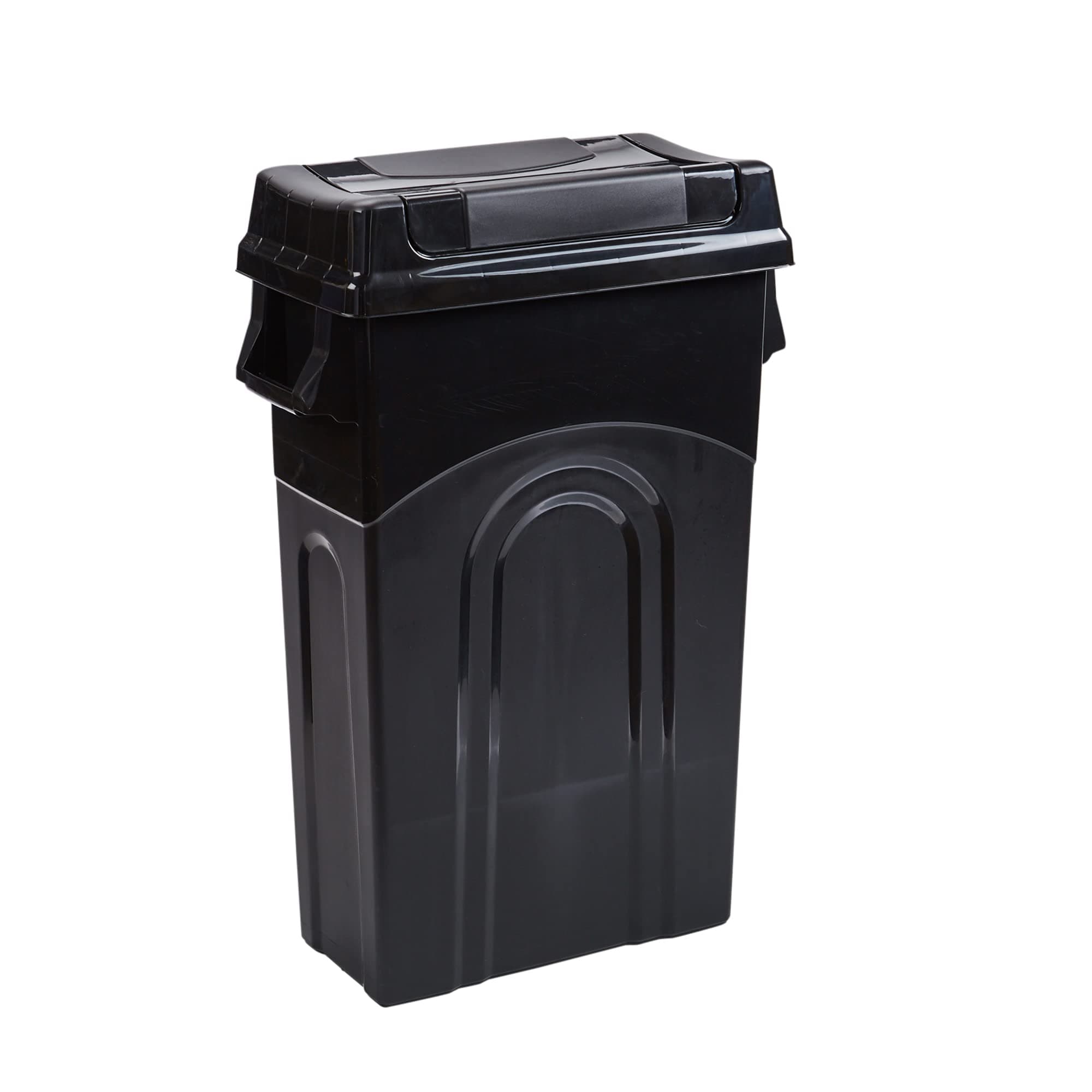 United Solutions Highboy Waste Container with Swing Lid, 23 Gallon, Space Saving Slim Profile and Easy Bag Removal, Handles for Easy Carrying, Indoor/Outdoor Use, Black (Pack of 1)