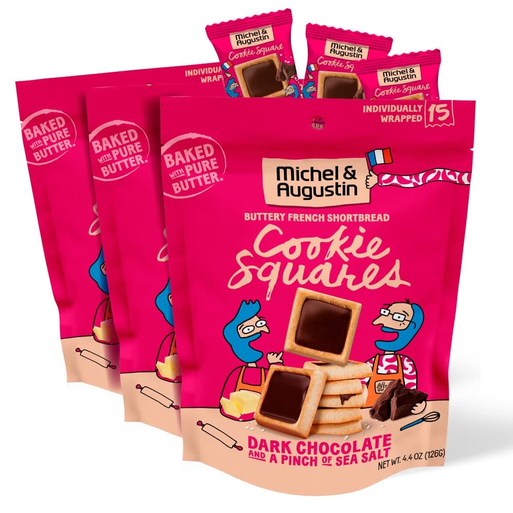 Michel et Augustin Cookies, Individually Wrapped Snacks, 3 Pack, Gourmet Dark Chocolate & Sea Salt Shortbread, 15 French Butter Cookies per bag