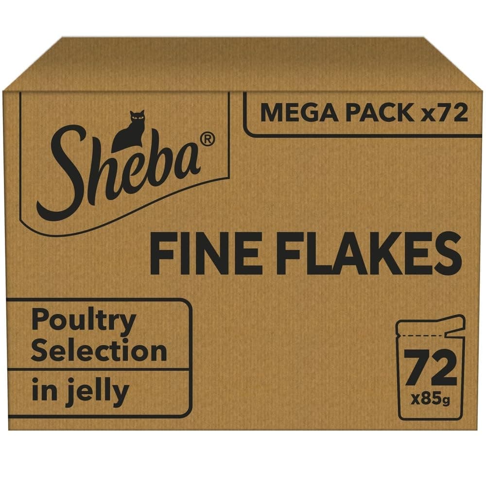 Sheba Fine Flakes in Jelly – Poultry Collection – Wet cat food pouches for adult cats – 72x85g pack