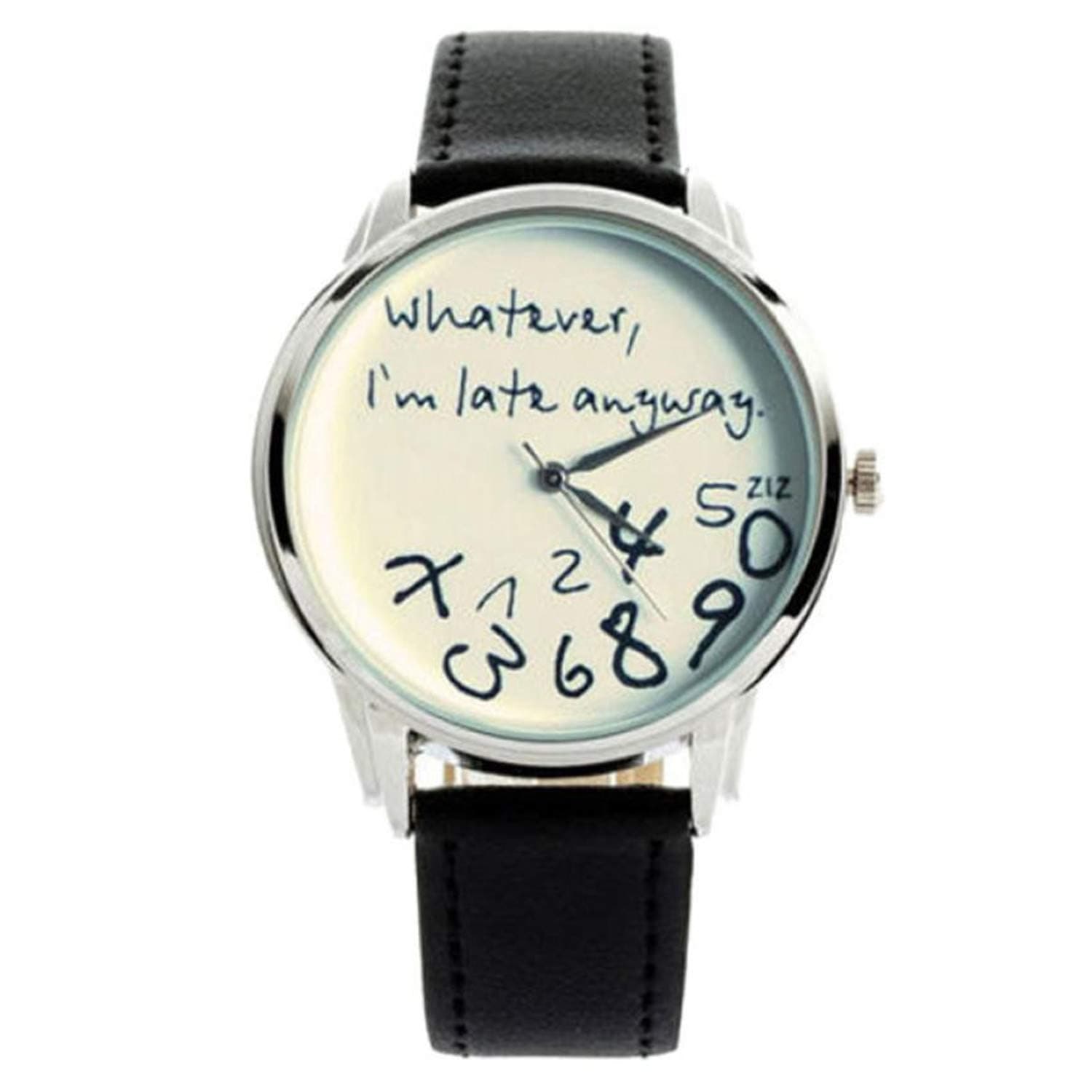ShoppeWatchS-Vavna Whatever I'm late anyway Print Leather Women Men Silver Quartz Watch Black w/White