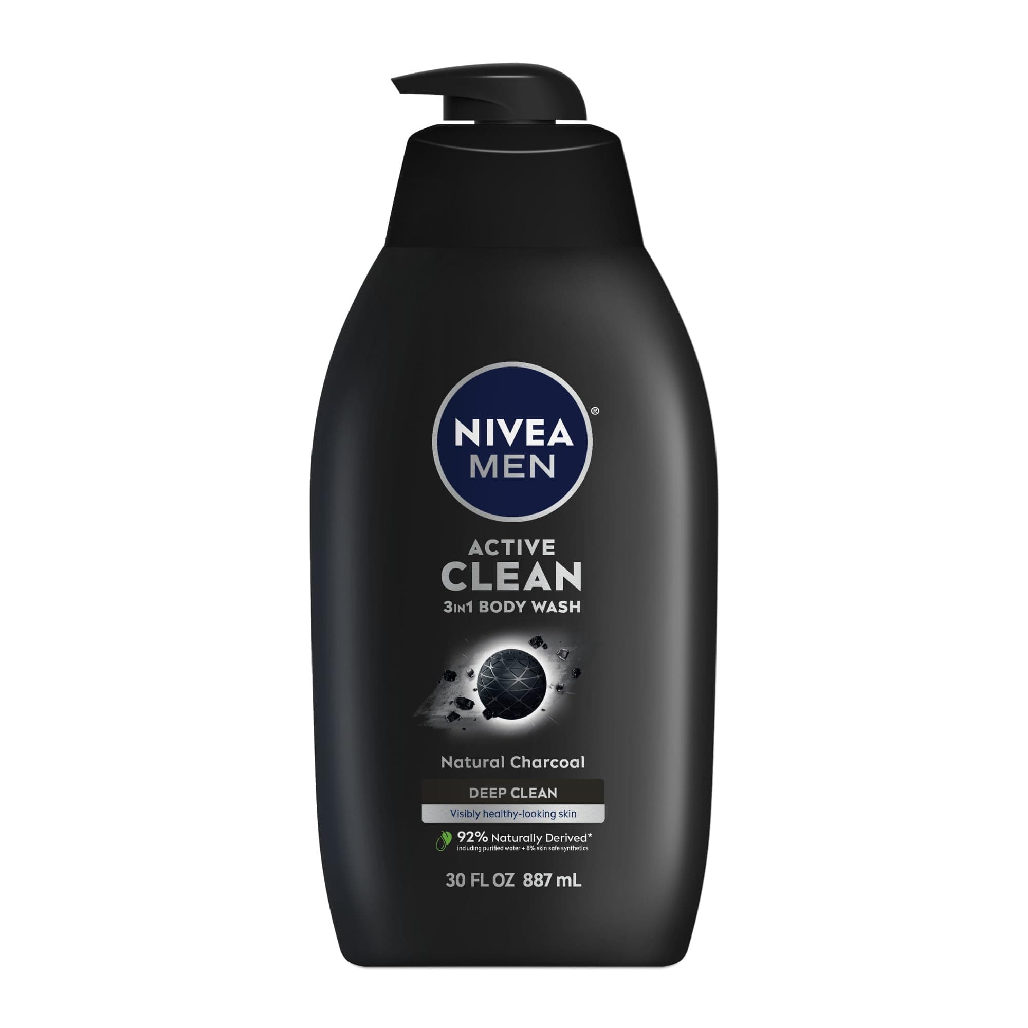 Active Clean Body Wash with Natural Charcoal for Normal to Oily Skin, 3-in-1 Charcoal Body Wash, Face and Hair, Draws Out Dirt and Impurities, 30 Fl Oz Bottle