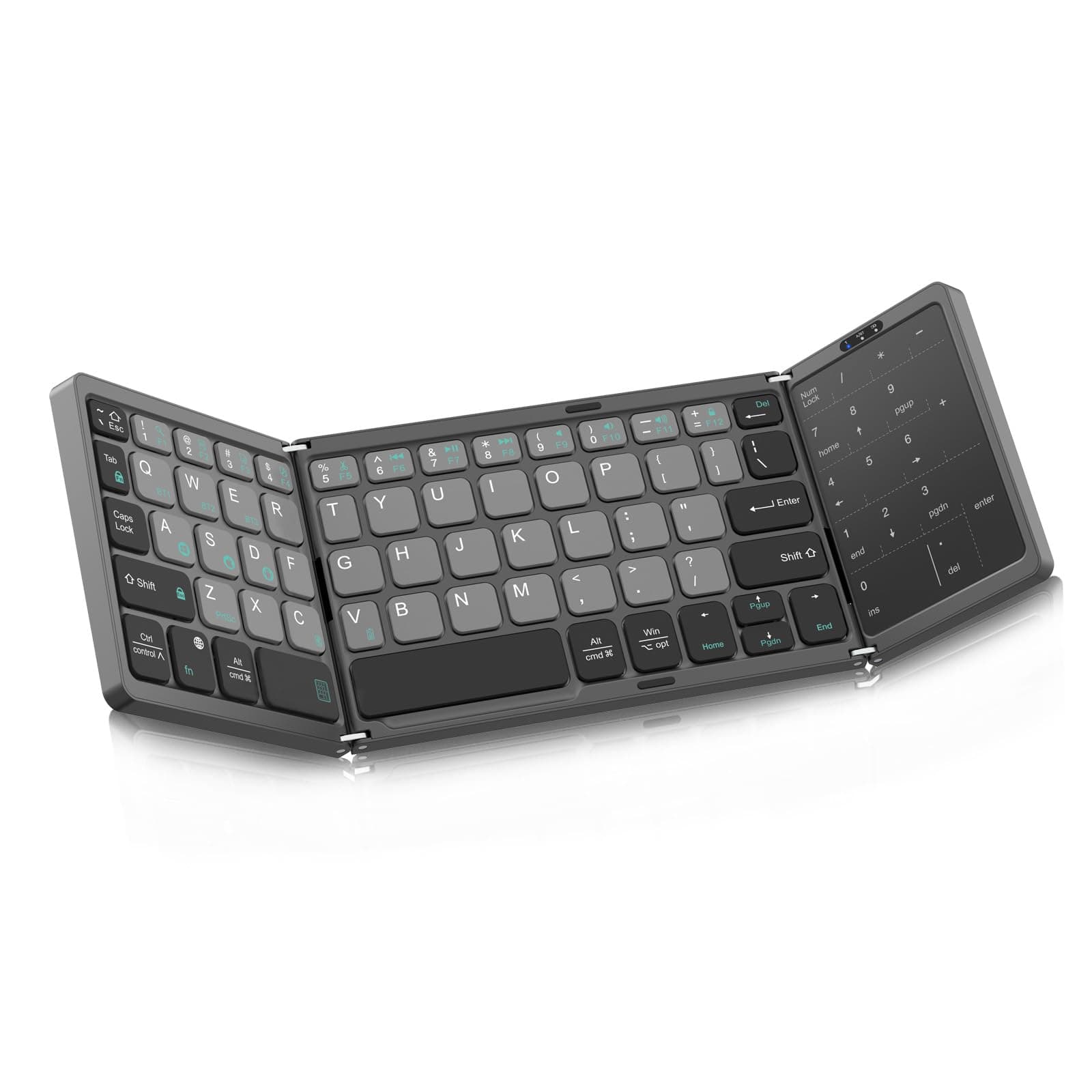 EDJO Foldable Bluetooth Keyboard, Rechargeable Portable Wireless Keyboard with Touchpad & Number Pad for Android, Windows, iOS, PC/Laptop/Smartphone/Tablet (Grey)