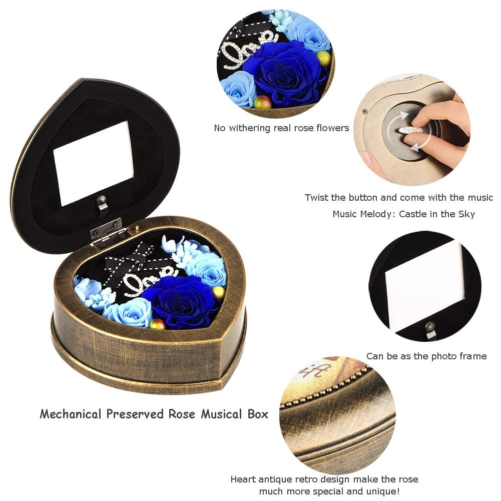 Handmade Preserved Flower 3 Blue Rose in a Mechanical Musical Box with Photo Frame Design, Gifts for Her on Mother's Day Valentine's Day Anniversary Wife Birthday Gifts(Music Blue Rose)