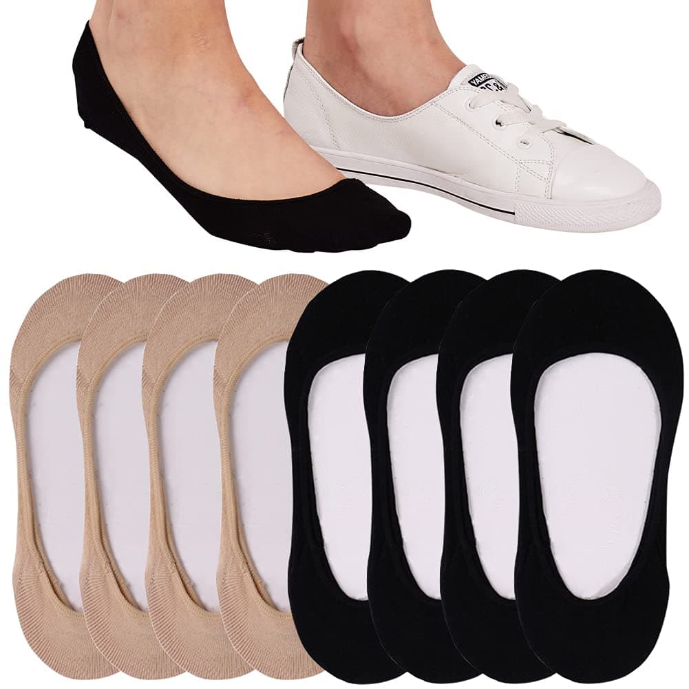 Women's Cotton Invisible Socks for Women 6-8.5 (Pack of 4 - Black, And Pack of 4 Beige)