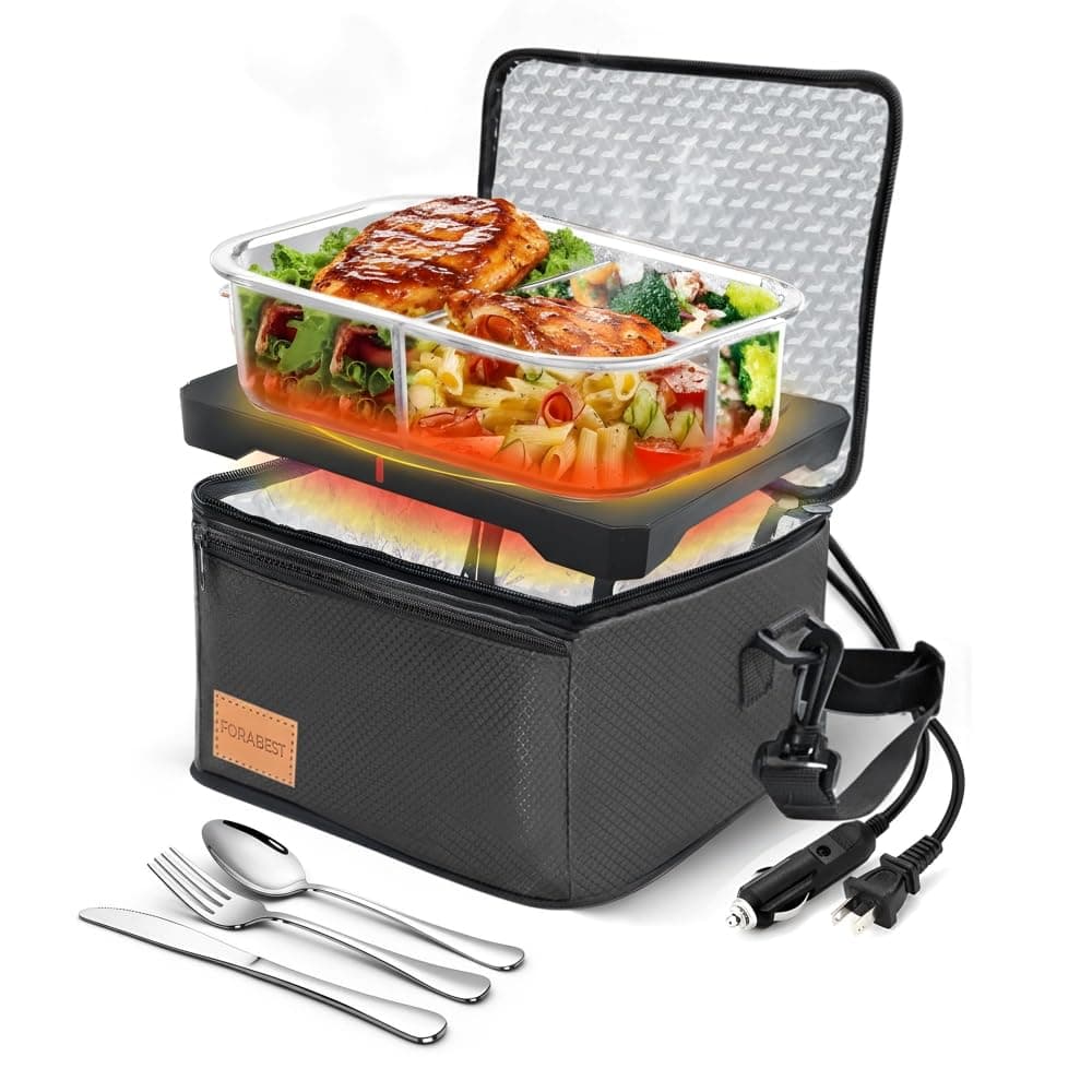 Portable Microwave Food Warmer - Electric Lunch Box 80W with Insulated Bag and Utensils - 12V/24V Car/Truck & 110/220V Home/Office Use - Fits up to 10 x 7 x 5 Inches Containers - Black
