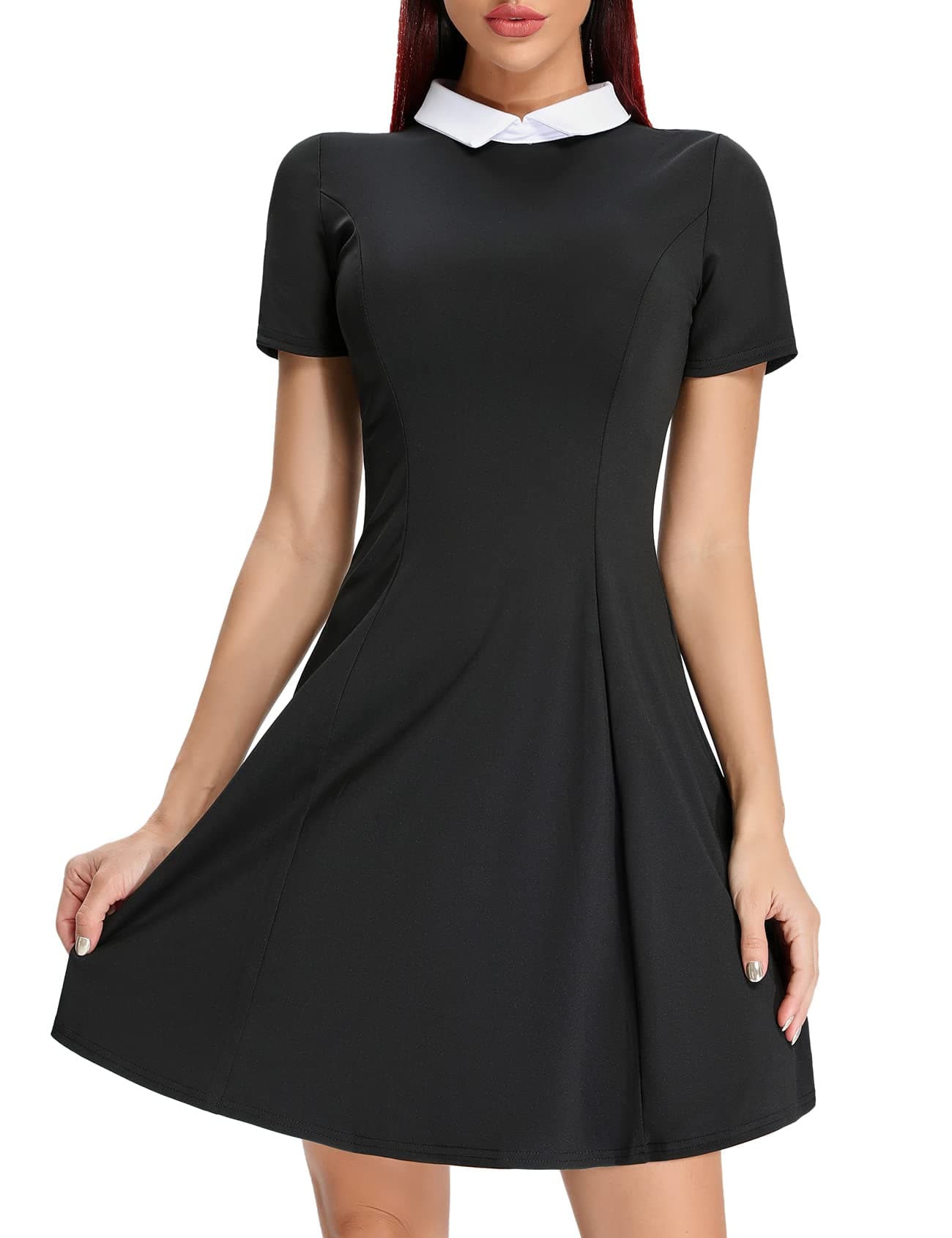 CHAMA Women's Long Sleeve Casual Peter Pan Collar Fit and Flare Skater Dress