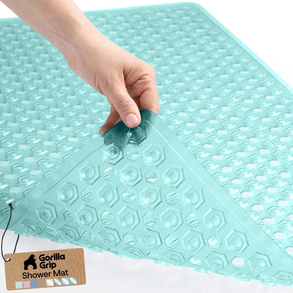 GORILLA GRIP Patented Bath Tub Shower Mat, Machine Washable Bathtub Floor Liner Mats, Suction Cups and Drain Holes to Keep Tubs Clean, Soft on Feet, Bathroom Essentials, 35x16 Inch, Clear Green