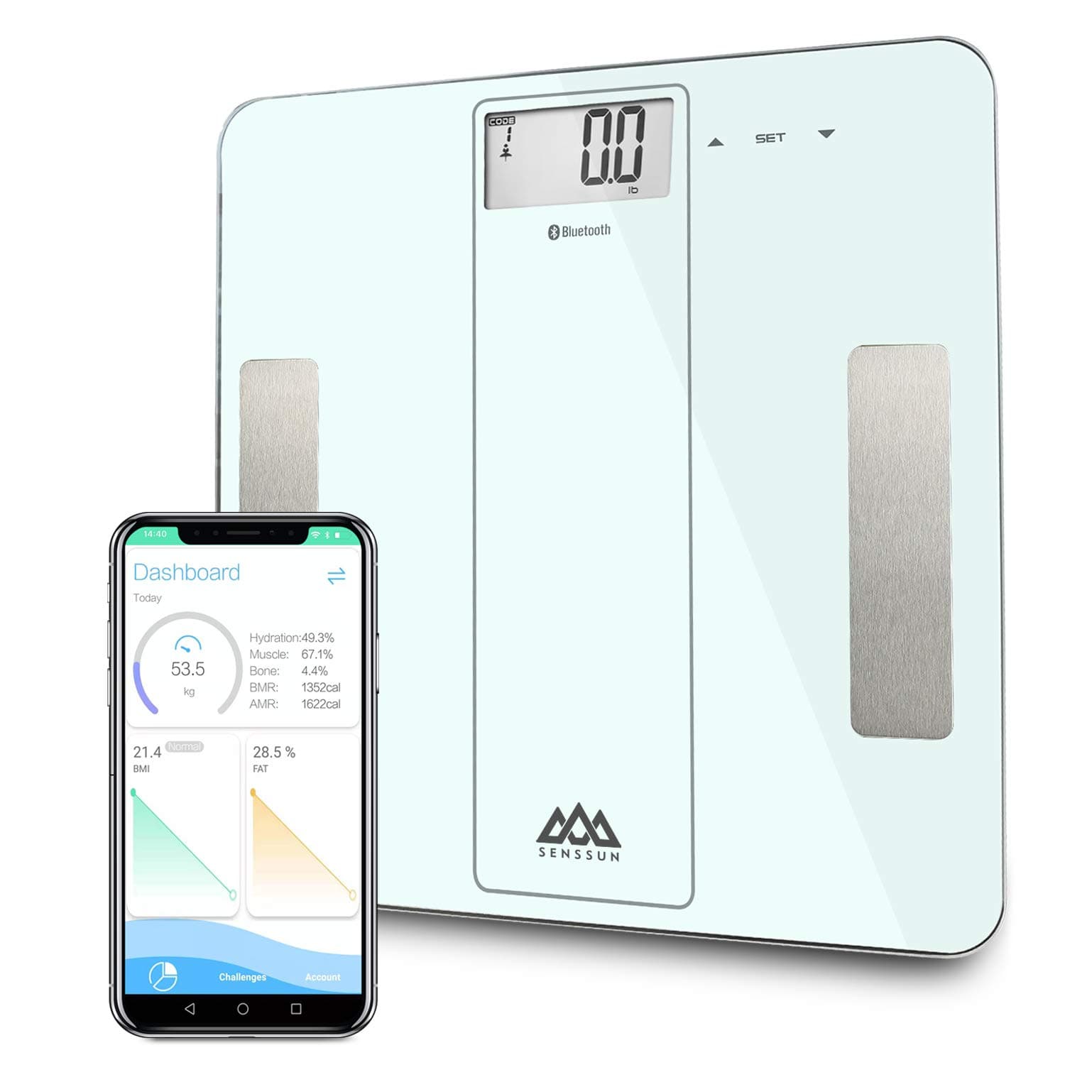 SENSSUN Bluetooth Smart Body Fat Scale, Digital Bathroom Scale, BMI Weighing Scales Body, Body Composition Analyzer with iOS and Android APP-White