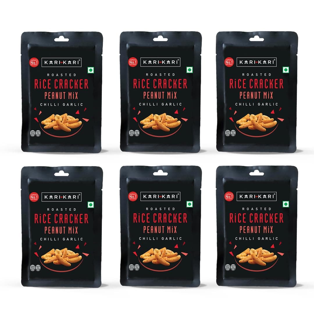 Kari Kari Chilli Garlic Rice Cracker & Peanut Mix | Crunchy Japanese Snacks | Roasted, Non-Fried | Healthy | 100% Vegetarian | Party Munchies(20g x Pack of 6)